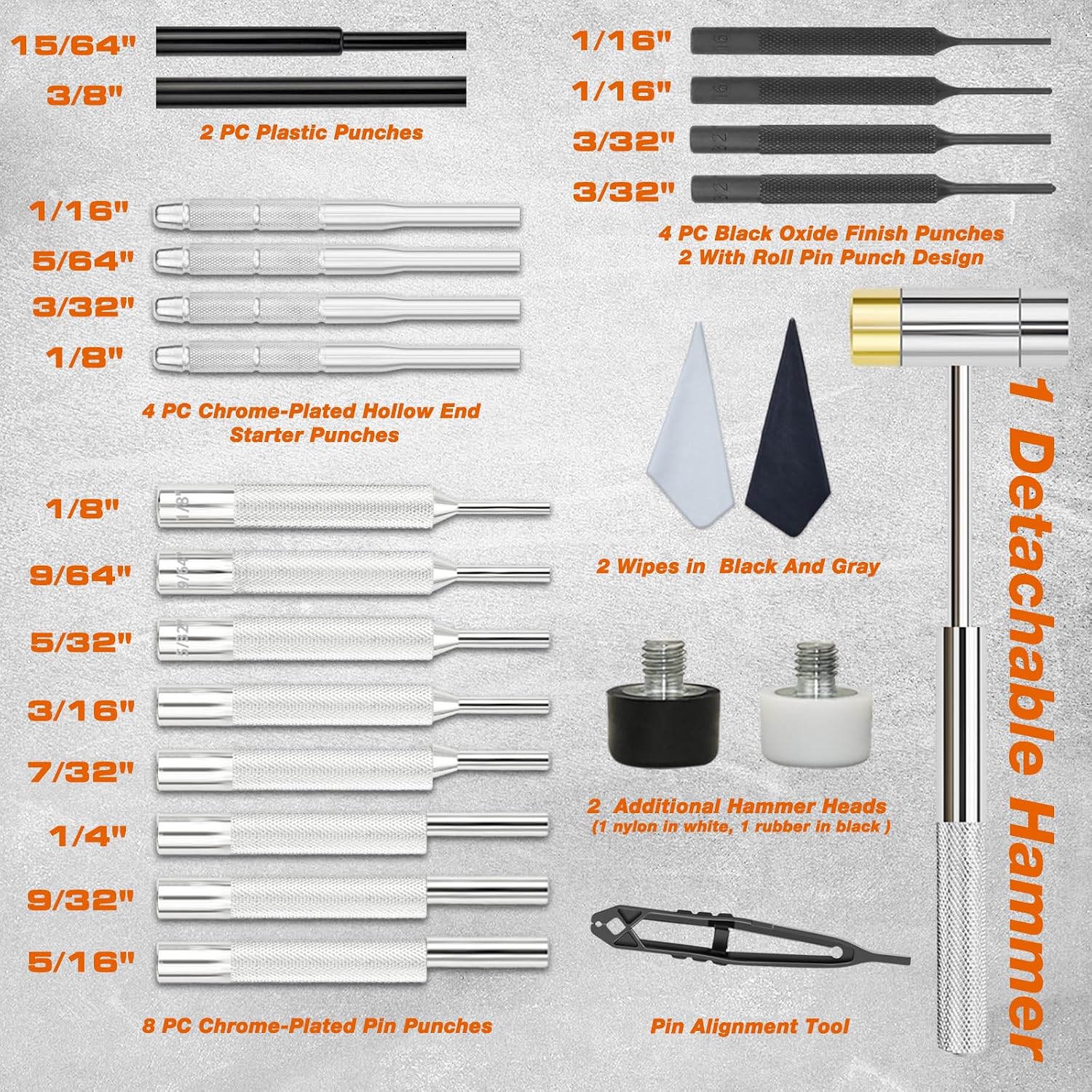 BESTNULE 24pc Punch Set and Hammer, Roll Pin Punch Set & Tweezers & Wipes