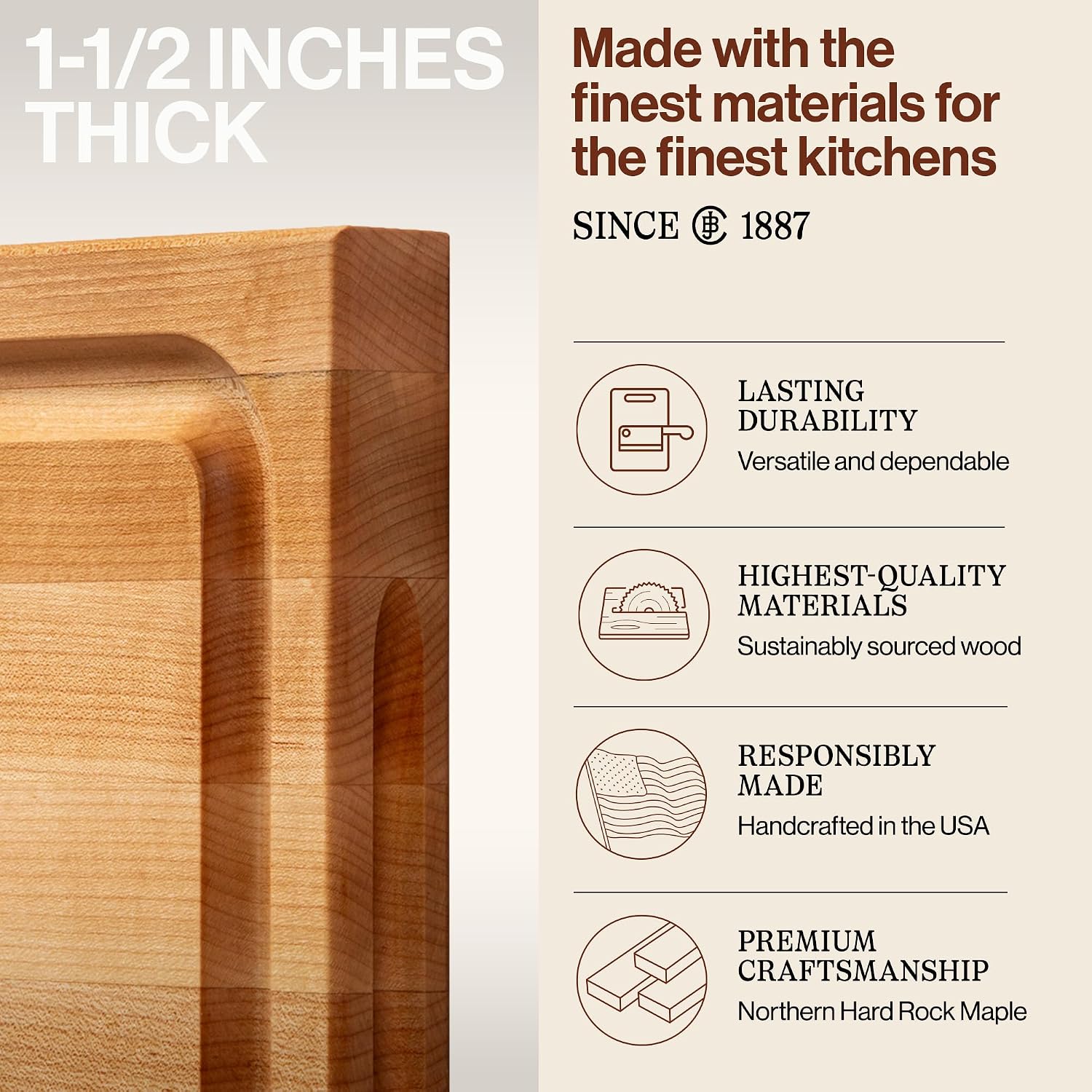 John Boos BBQ Series Rectangular Wooden Maple Cutting Board 18”x12” – 1.5” Thick, 8.5-lb Reversible Butcher Block with Juice Groove