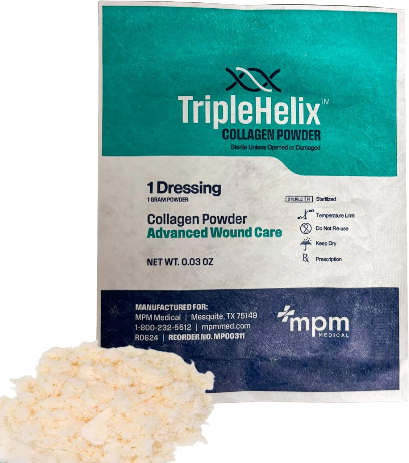 TripleHelix Collagen Powder for Wounds, Type I Bovine, Diabetic, Pressure | 100% Type I non-hydrolyzed bovine collagen. Also for surgical wounds