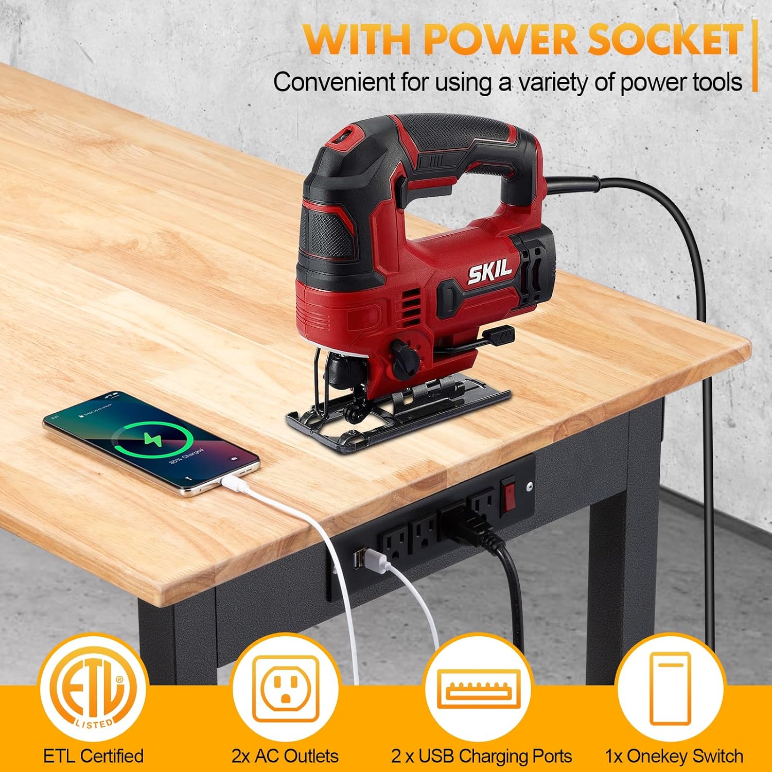 48" Adjustable Workbench, Work Table with Wheels and Power Outlet | 2000LBS Load Capacity Rubber Wood Top Workstation, Heavy-Duty Craft Table for Garage Workshop