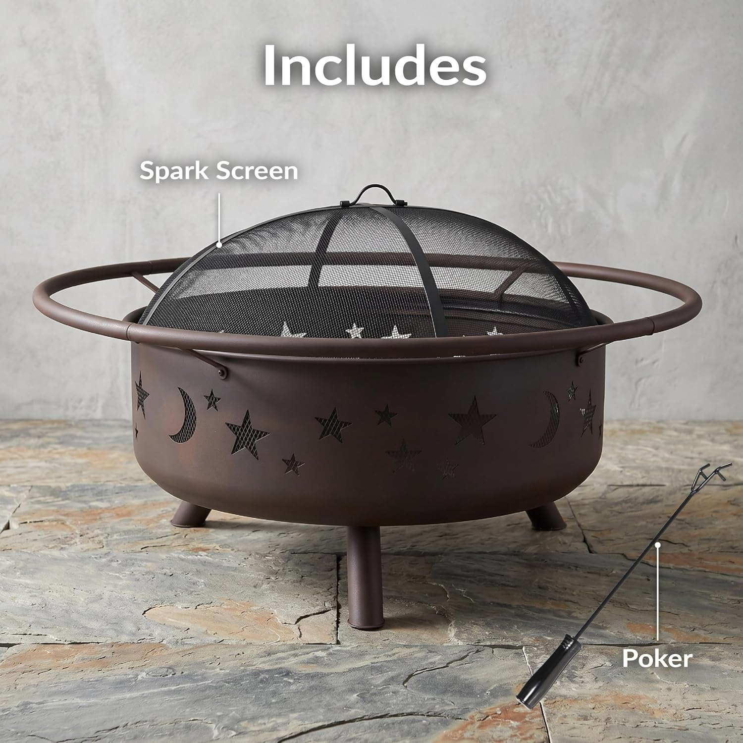 Sunnydaze Cosmic 42" Large Outdoor Fire Pit, Wood Burning, 34" Bowl Dia | Bronze, Heavy Duty Steel Metal, Includes Spark Screen, Wood Grate, & Poker, Round Backyard Firepit for Outside, Patio, Deck