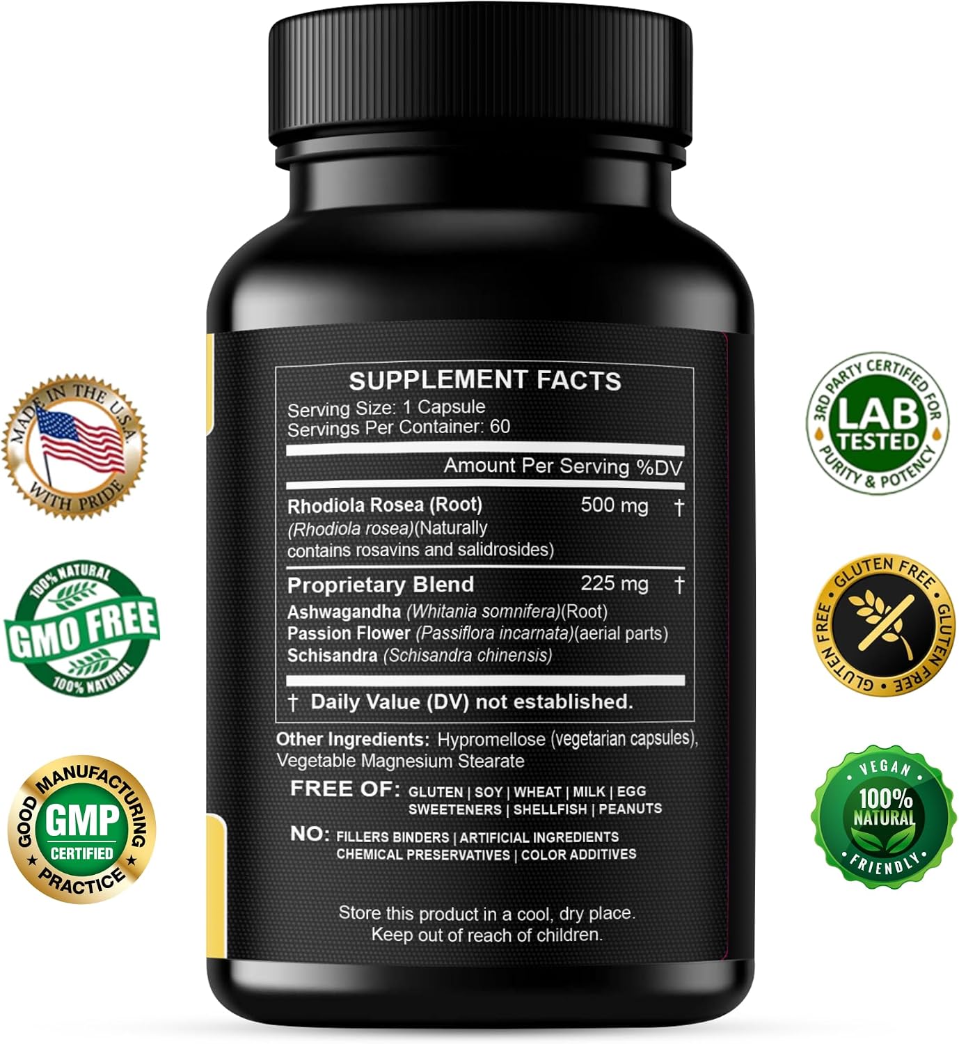 Rhodiola Rosea Supplement High Potency Extract 500mg - 3% Rosavins 1% Salidrosides with Ashwagandha Shisandra Passion Flower Herb Powder Capsules
