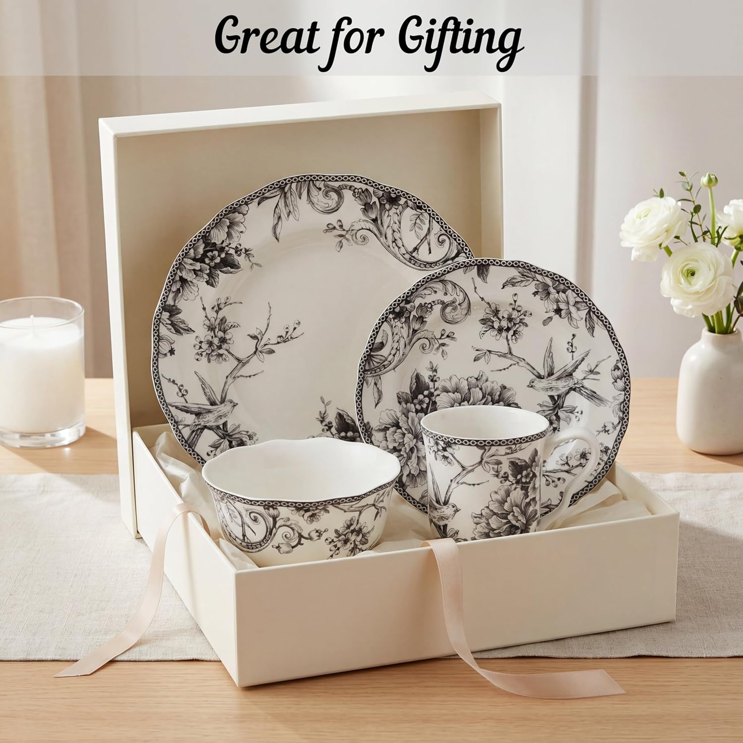 222 Fifth Adelaide 16-Piece Black Porcelain Dinnerware Set – Service for 4, Featuring Hand-Applied Romantic Woodland Bird Design