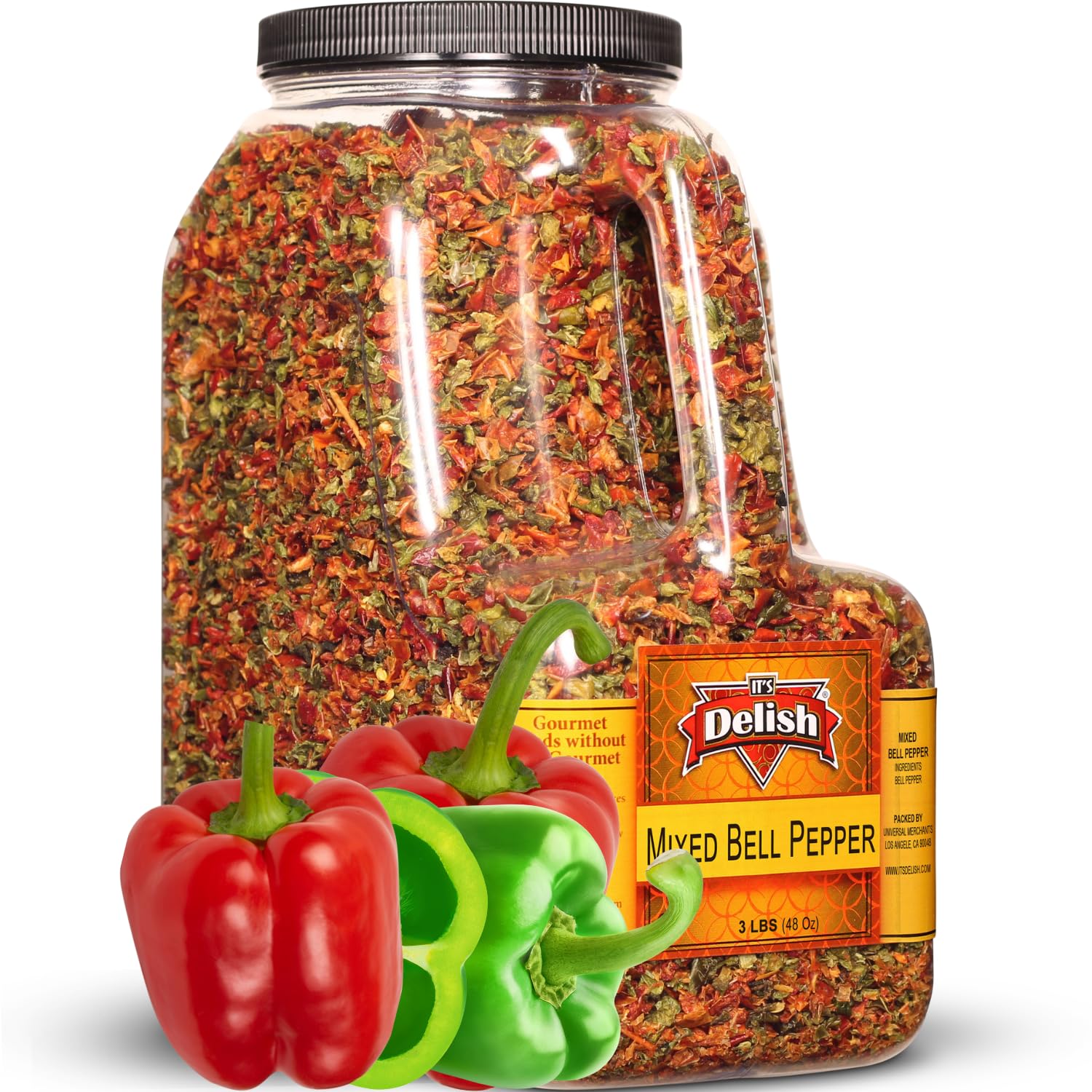 Dehydrated Dried Red and Green Bell Peppers Mix by It's Delish – 48 Oz (3 lbs) Restaurant Gallon Size Jug With handle – Sealed to Maintain