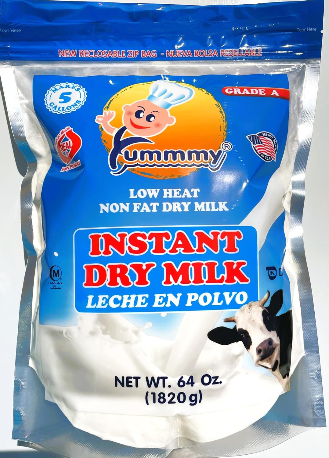 Yummmy 64 oz, Instant Nonfat Skimmed Powdered Dry Milk - Leche en polvo, 64 Oz, Grade A, Kosher Halal Certified, Made in USA