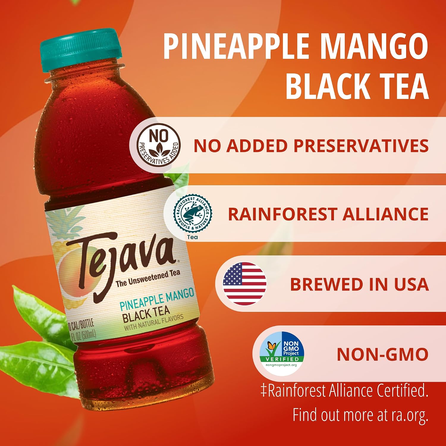 Tejava Pineapple Mango Unsweetened Black Iced Tea, 16.9 fl oz, Pack of 12