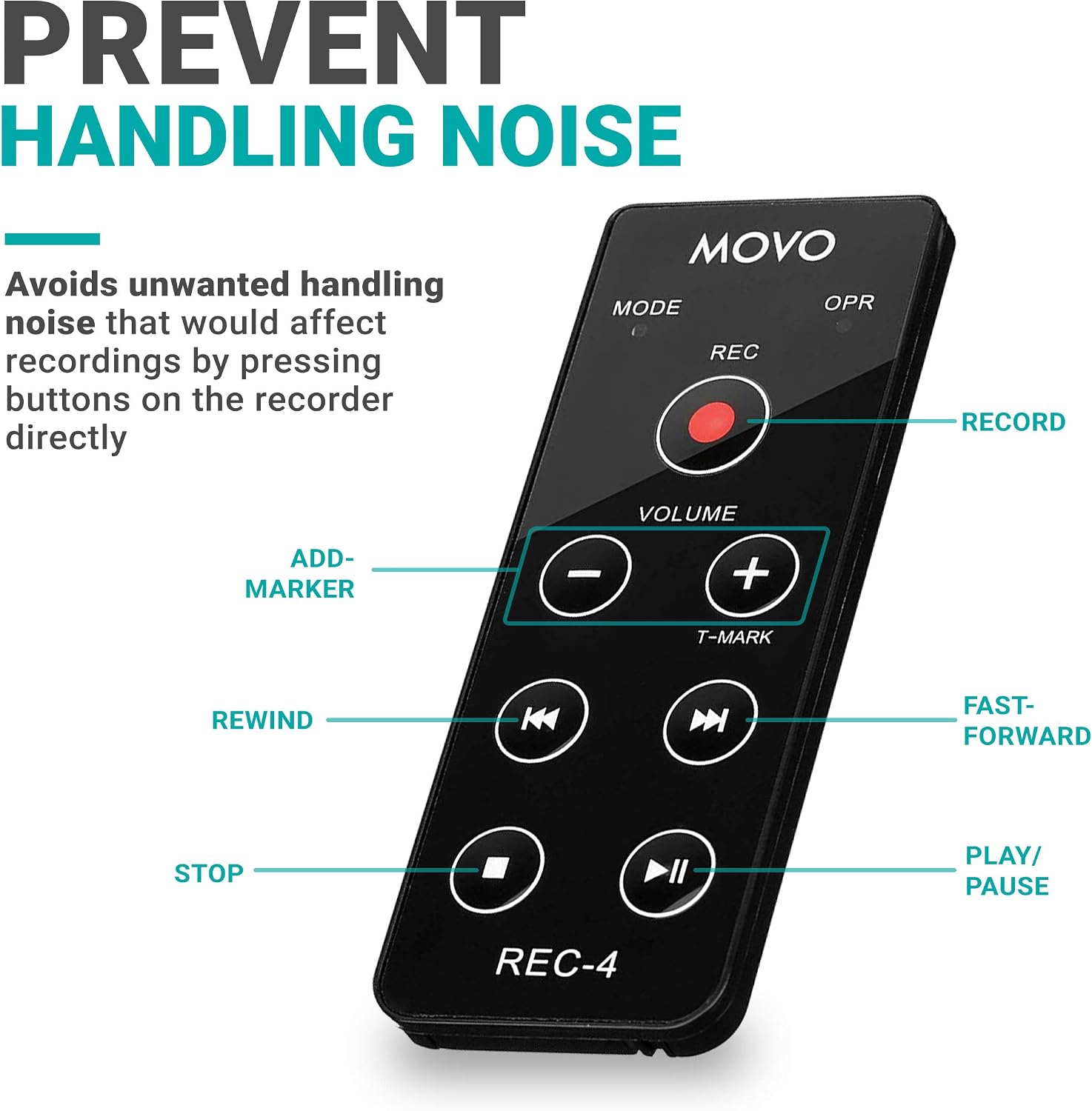 Movo REC-4 Wired Remote Control for Zoom H2n, H4n Pro, H5 and H6 Portable Digital Handy Recorders - Also Compatible with Sony M10, D50, D100