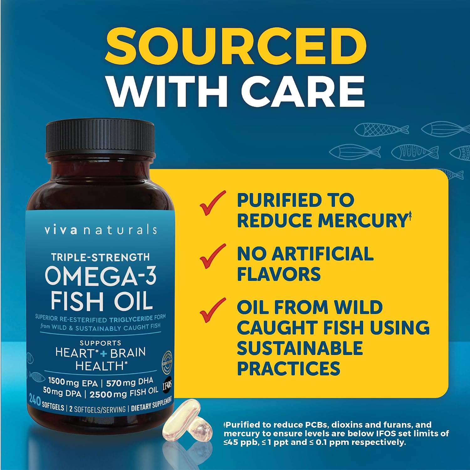 Viva Naturals Triple Strength Omega 3 Fish Oil Pills – 2500 mg High-Potency Formula with 2250 mg Omega 3 Fatty Acids (Including EPA, DHA, DPA) in rTG Form for Absorption – IFOS Certified, 90 Softgels
