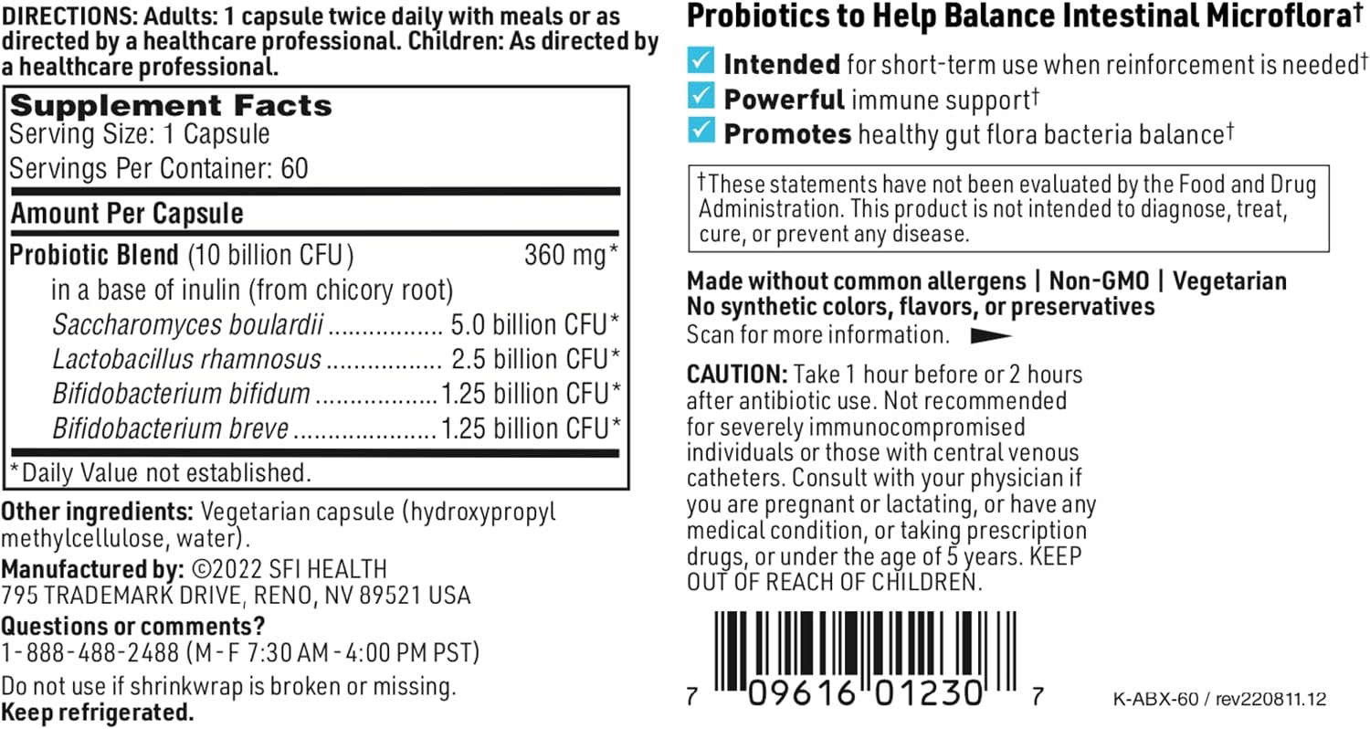Klaire Labs SFI Health ABX Support Probiotic - 10 Billion CFU Supplement for Support During Antibiotic Therapy, Hypoallergenic & Non-Dairy (28 Capsules) | 10 Billion CFU Supplement for Support During Antibiotic Therapy, Hypoallergenic & Non-Dairy