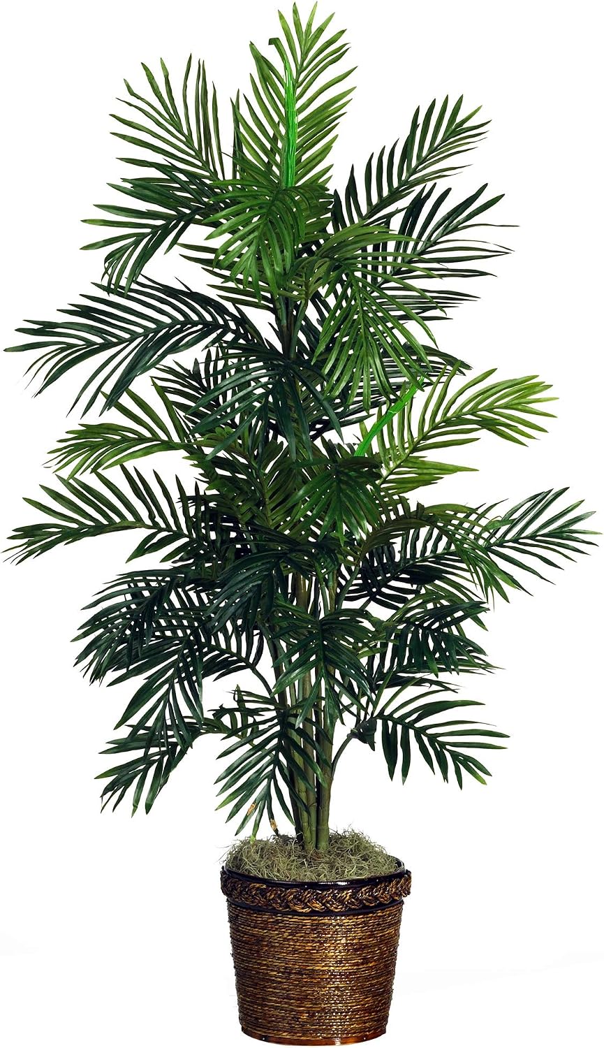 Nearly Natural 56 in Artificial Areca Palm Tree with Basket Floor Plant | Thirty-Two Lifelike Leaves, Wicker Basket Included