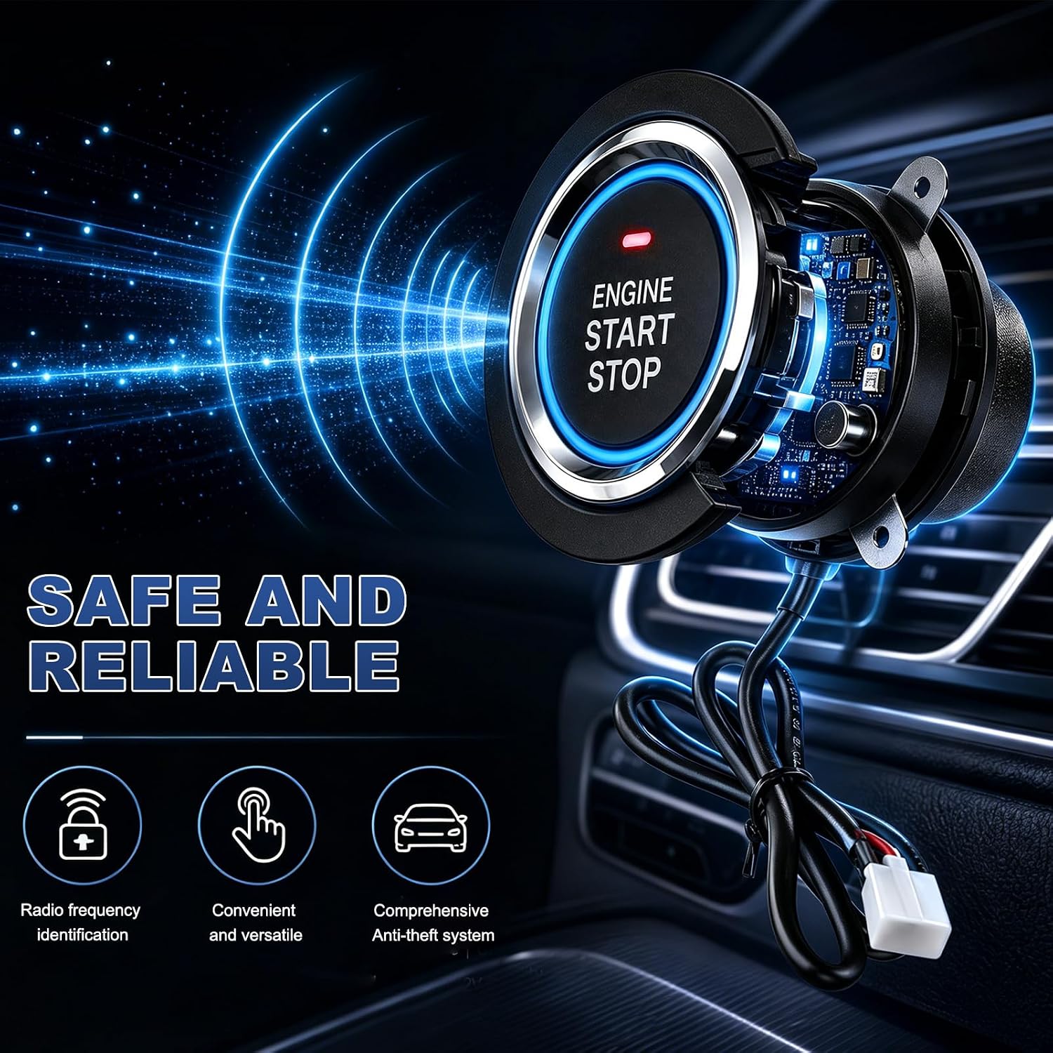 Car Push Engine Start Button Kit, Anti-Thief RFID Push to Start Ignition Kit Installation Assembly
