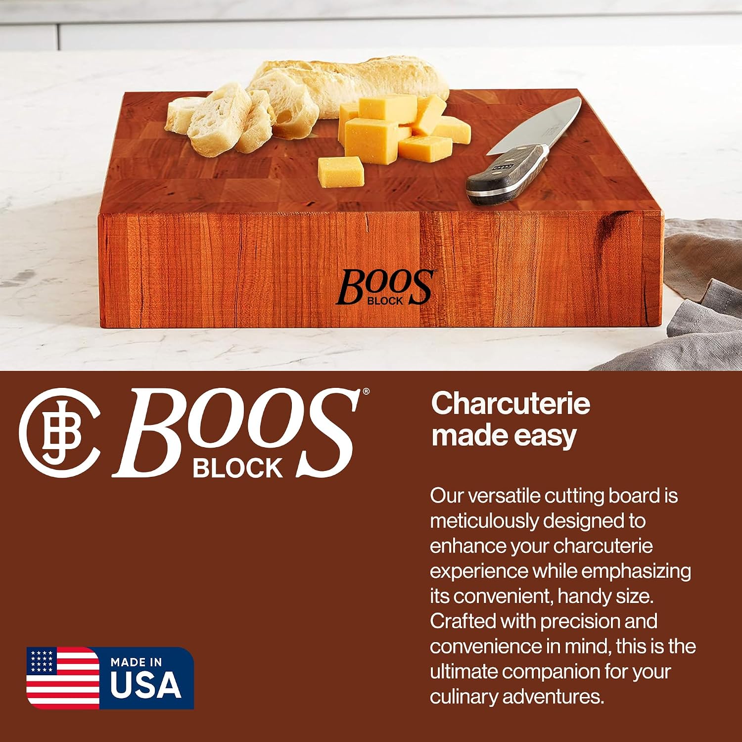 John Boos CCB Series Square Wooden Maple Cutting Board 12”x12” – 3” Thick, 13-lb Reversible Butcher Block with End-Grain & Finger Grips – Made in the USA