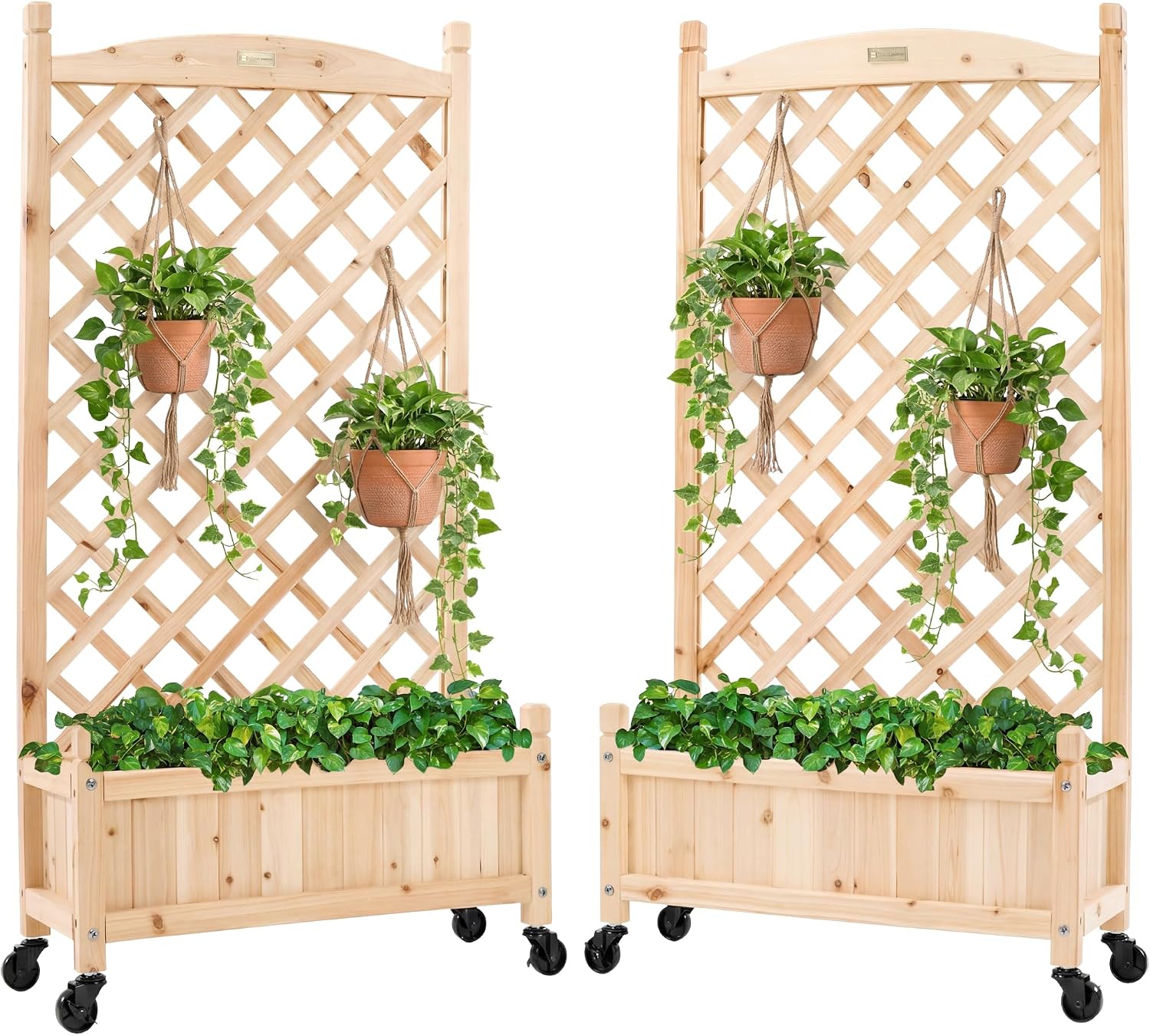 Best Choice Products Set of 2 48in Wood Planter Box & Diamond Lattice Trellis, Mobile Outdoor Raised Garden Bed for Climbing Plants w/Drainage Holes