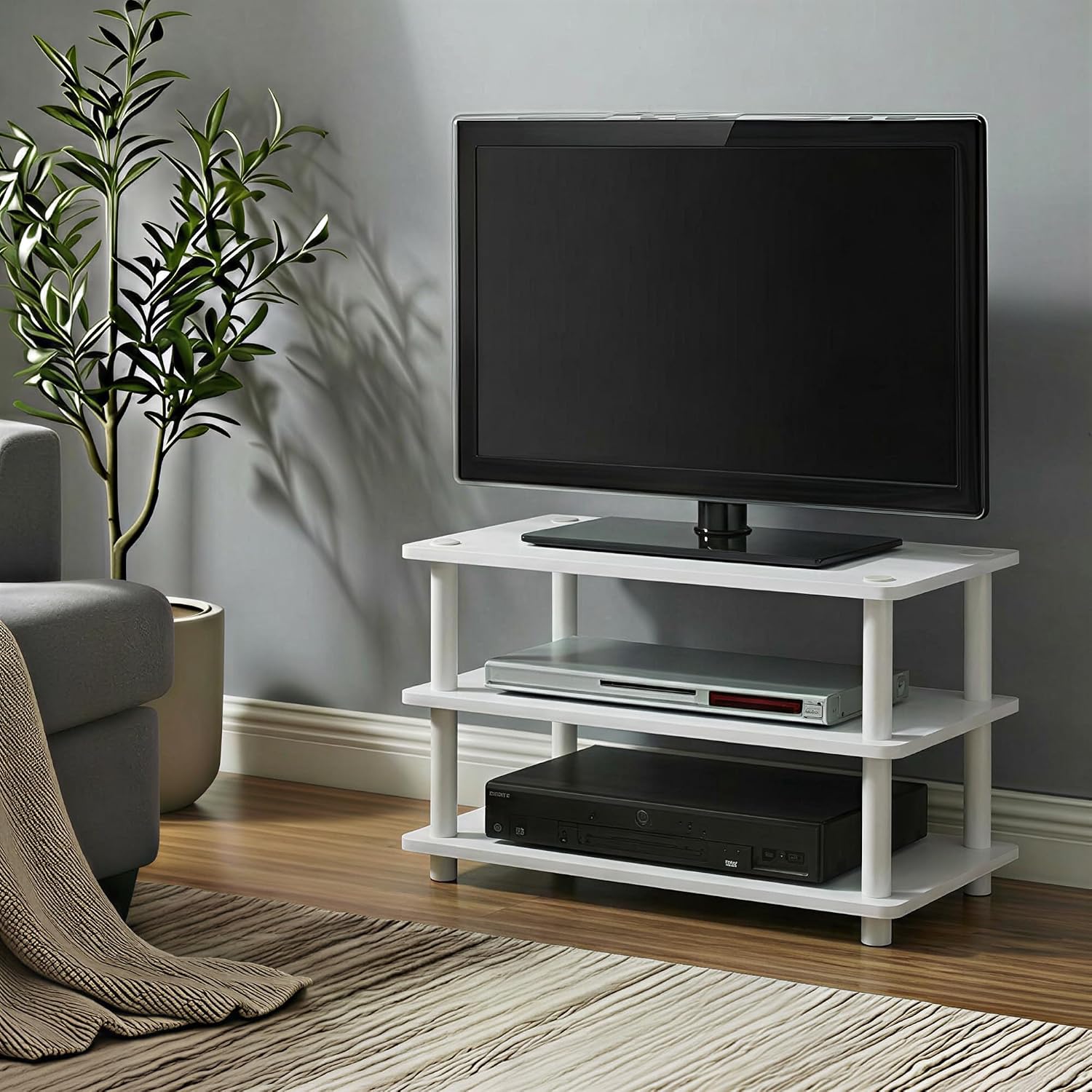 Furinno Turn-N-Tube TV Riser Stand, 2-Tier Small Elevated No Tools TV Stand, TV Console for TV up to 32 inch, 15.8 x 23.8 x 11, for Living Room, Bedroom, French Oak/Black