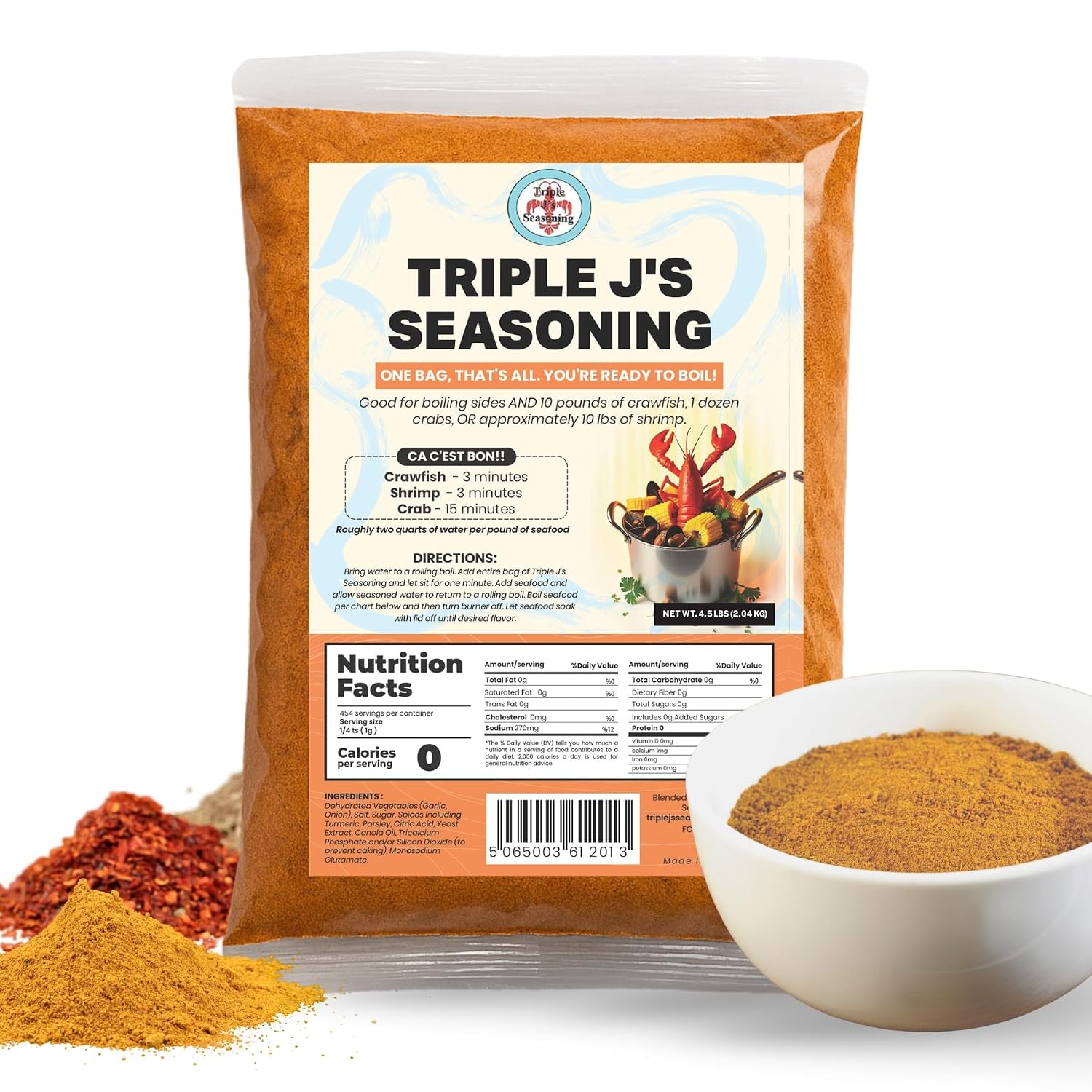 Triple J's Authentic Louisiana Crab Boil Seasoning, Seafood Boil, 1 lb
