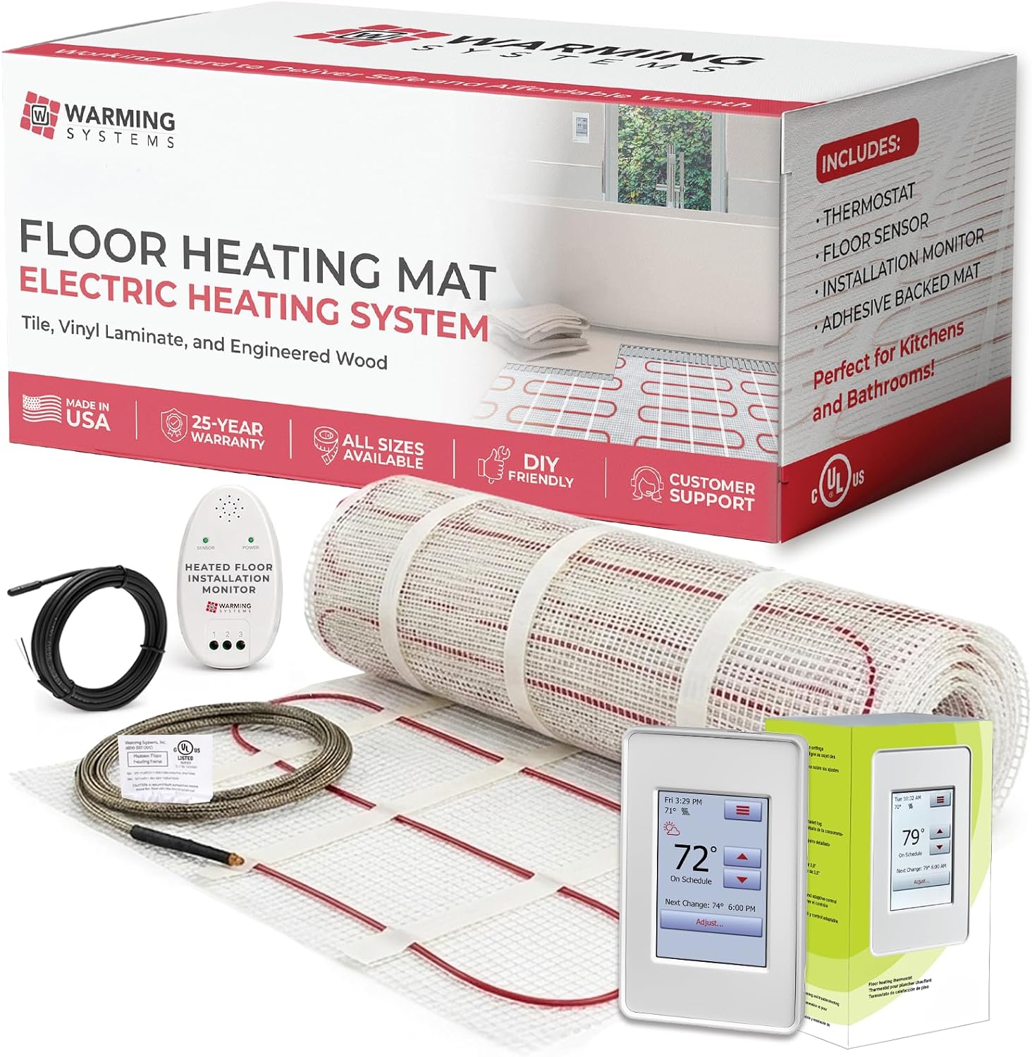 40 Sq Ft 120V Electric Floor Heating System Mat Kit | Premium UDG4-4999 touchscreen thermostat with built-in GFCI, Heating mat, floor sensor & installation monitor included.