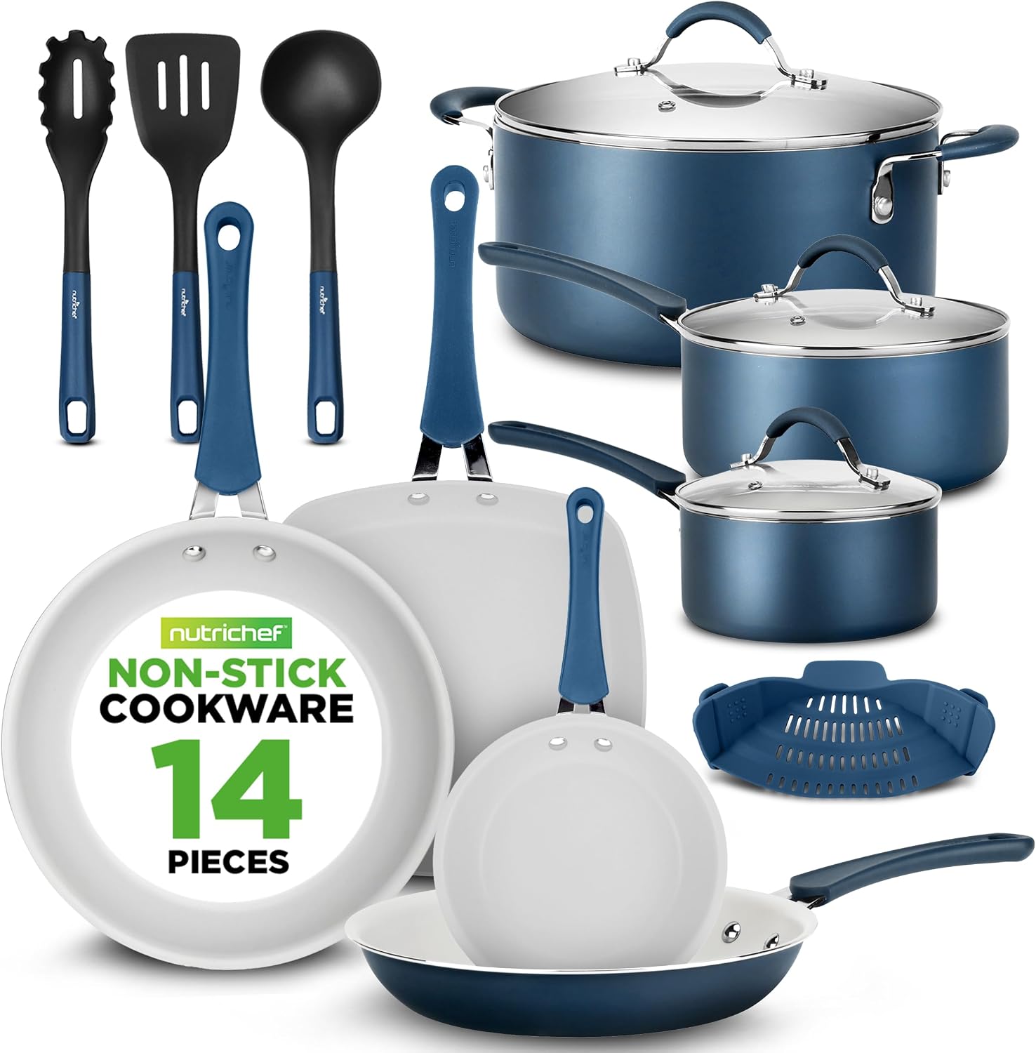 NutriChef 14-Piece Pots and Pans Set Non Stick – Induction Cookware Set, PFAS-Free Nonstick Cookware for All Cooktops, Includes Kitchen Utensils