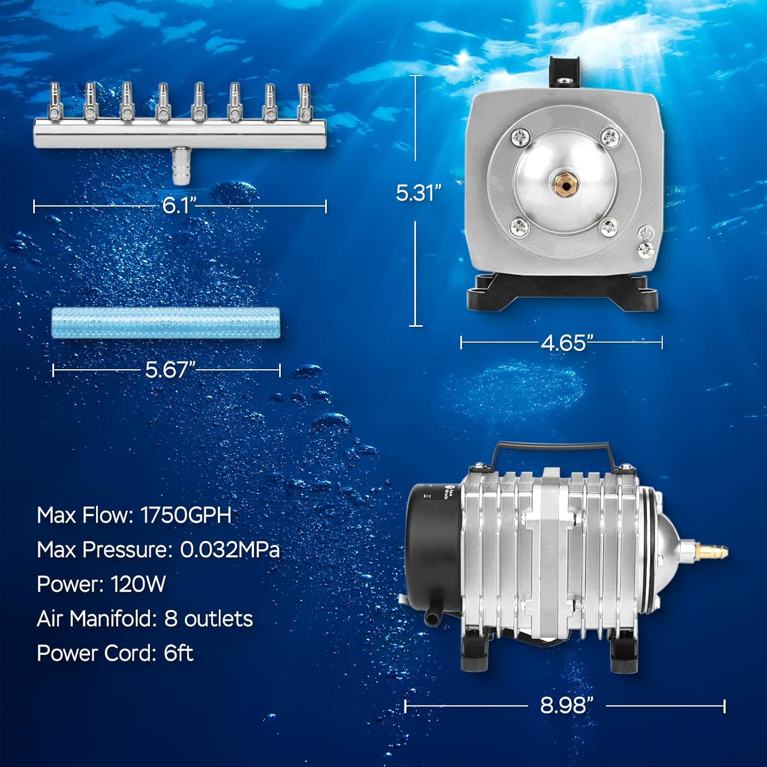 AquaMiracle Aquarium Air Pump Commercial Air Pump with Aluminum Housing, 600/1000/1200/1750GPH Fish Tank Bubbler Pond Aerator for Aquariums, Ponds