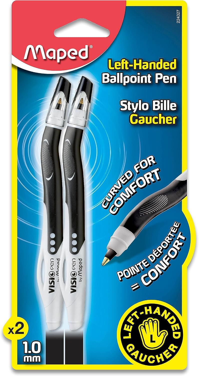 Maped - Visio - Left-handed ballpoint pens - Black ink - 2 count | Smudge-Resistant Quick Dry Technology - Ergonomic Comfort Grip - Smooth Consistent Writing - School Office Home Use