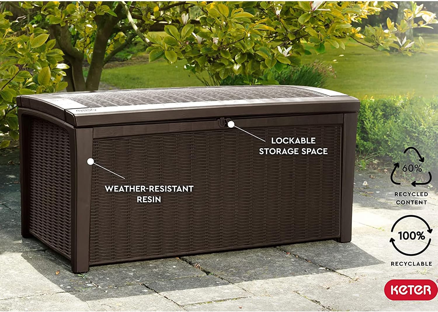 Keter Borneo 110 Gallon Resin Deck Box - Organization and Storage for Patio Furniture, Outdoor Cushions, Throw Pillows, Garden Tools and Pool Toys, Brown | for Patio, Backyard & Garden - Lockable, Organizing, and Waterproof Plastic Container Bench