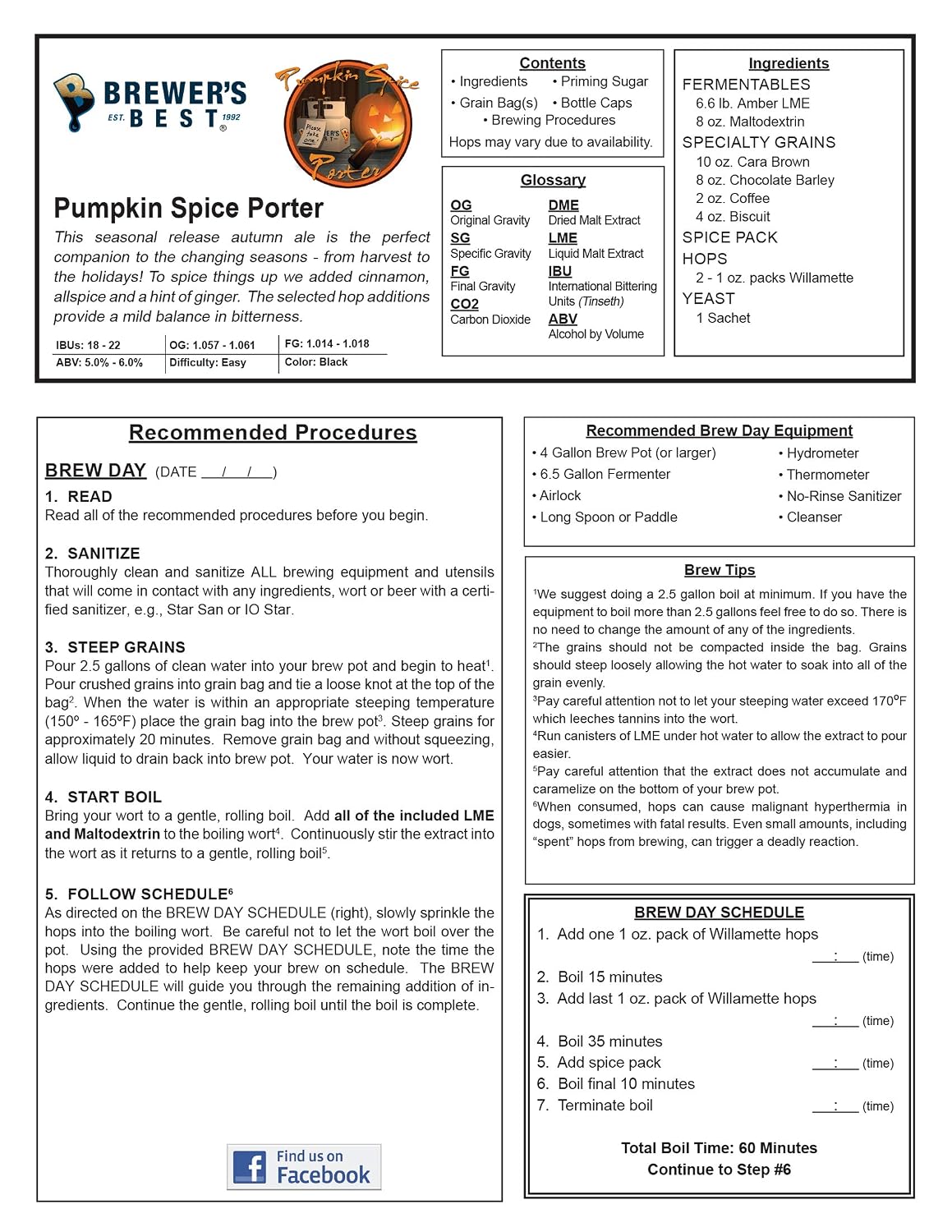 Brewers Best Pumpkin Spice Porter Beer Ingredient Kit
