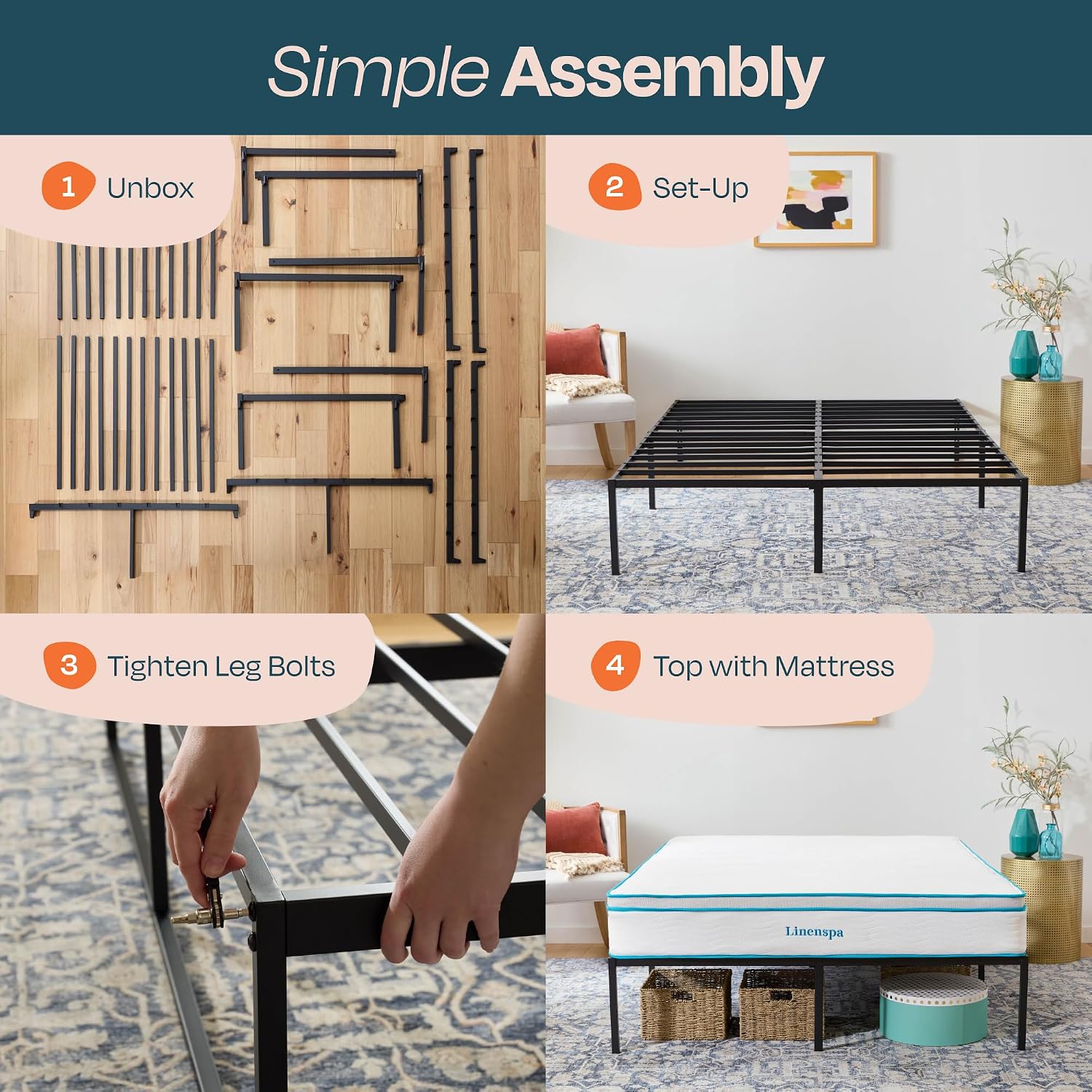 Linenspa Folding Metal Platform Bed Frame - Easy Assembly - Sturdy Steel - No Box Spring Needed - Underbed Storage - Mattress Foundation - 14" High