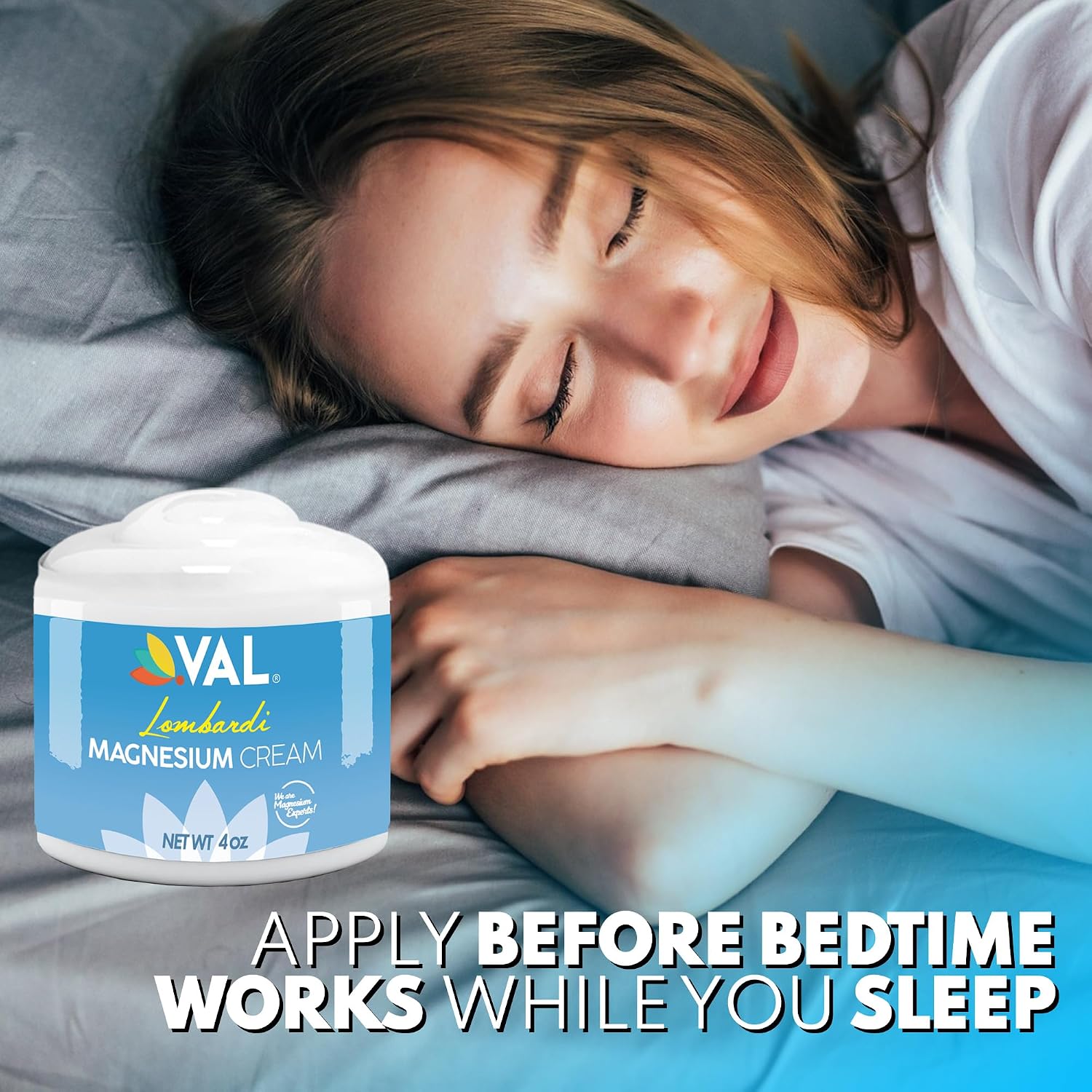 VAL Lombardi Magnesium Lotion, Nighttime Zechstein Magnesium Chloride Cream, Hydrating, Fast-Absorbing, Topical Magnesium for Feet, Legs, Arms, Chest - 4 Ounce (Pack of 1)