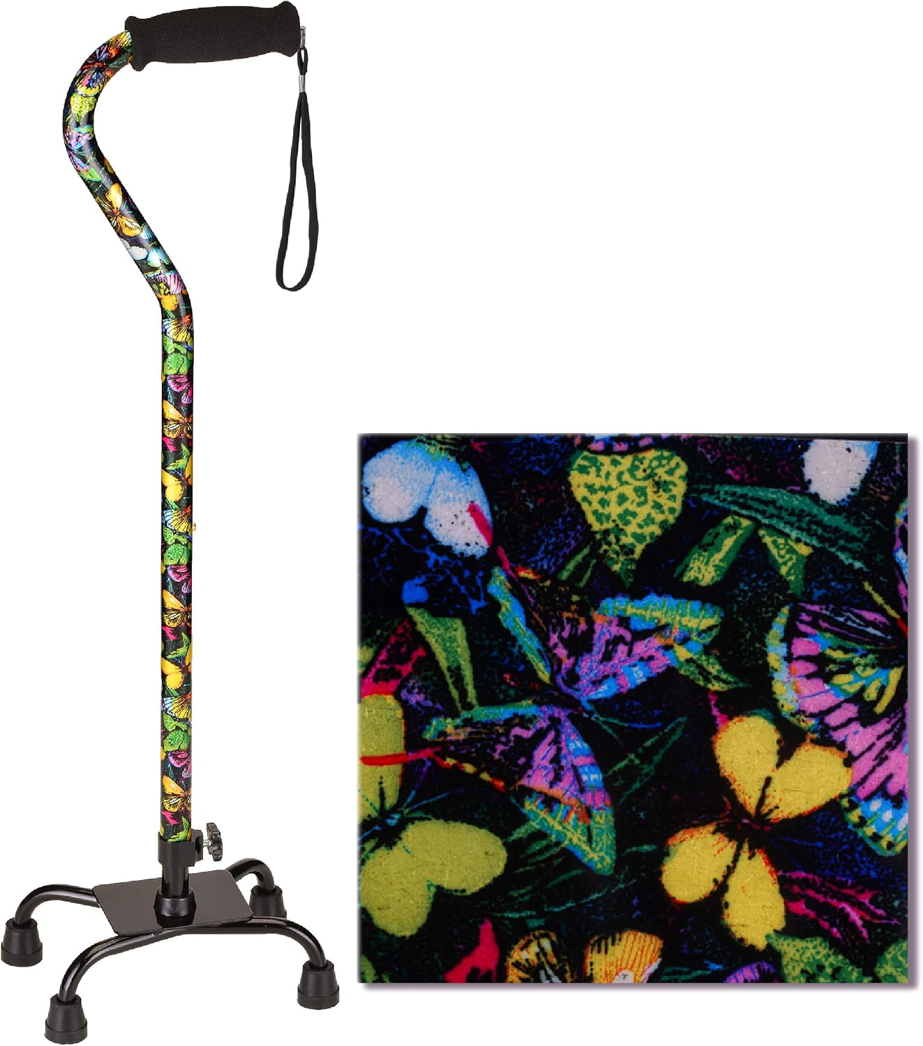 NOVA Designer Quad Cane, Lightweight Four Legged Cane with Soft Grip Handle, Height (for Users 4’11” - 6’4”) & Left or Right Adjustable, Butterflies Design