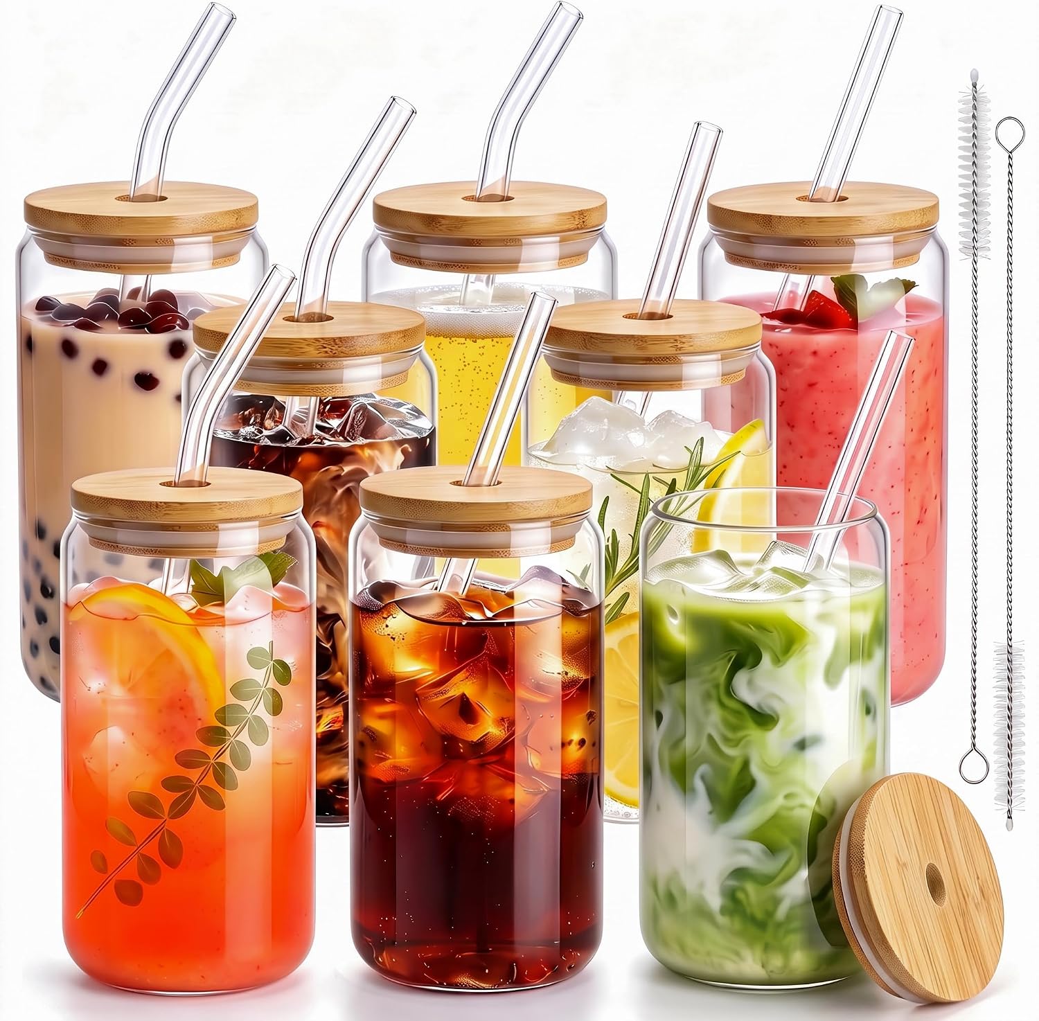 16 Oz Drinking Glasses - 8 Pcs Glass Cups with Bamboo Lids and Straws | Food-grade durable clear tumbler, Coffee bar accessories, Aesthetic gift