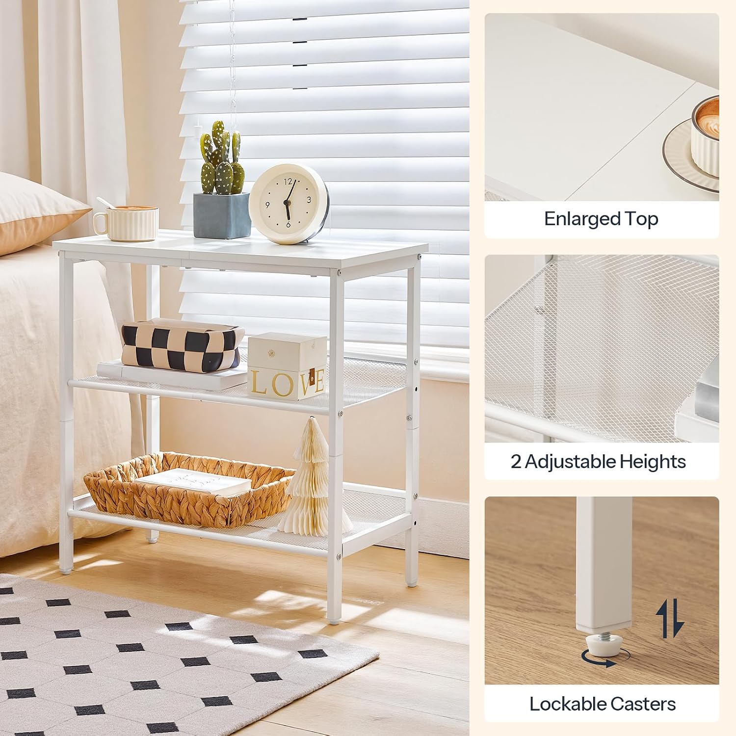 HOOBRO End Table, 3-Tier Narrow Side Table, Nightstand with 2 Flat or Slant Adjustable Shelves for Small Spaces, Hallway, Living Room, Bedroom, Sturdy