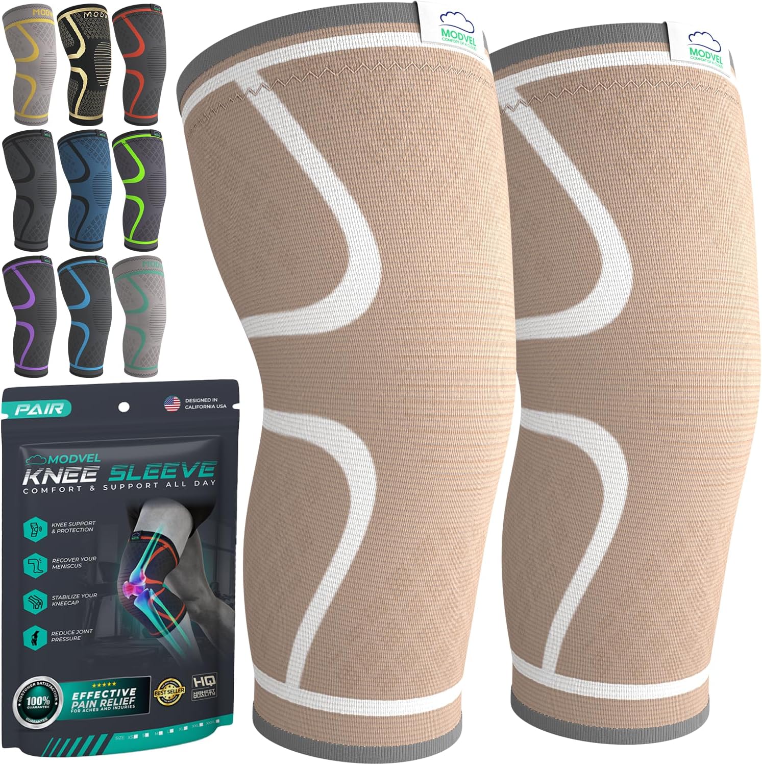 Modvel Compression Knee Brace for Women & Men - 2 Pack Knee Brace for Women Running Knee Pain, Knee Support Compression Sleeve