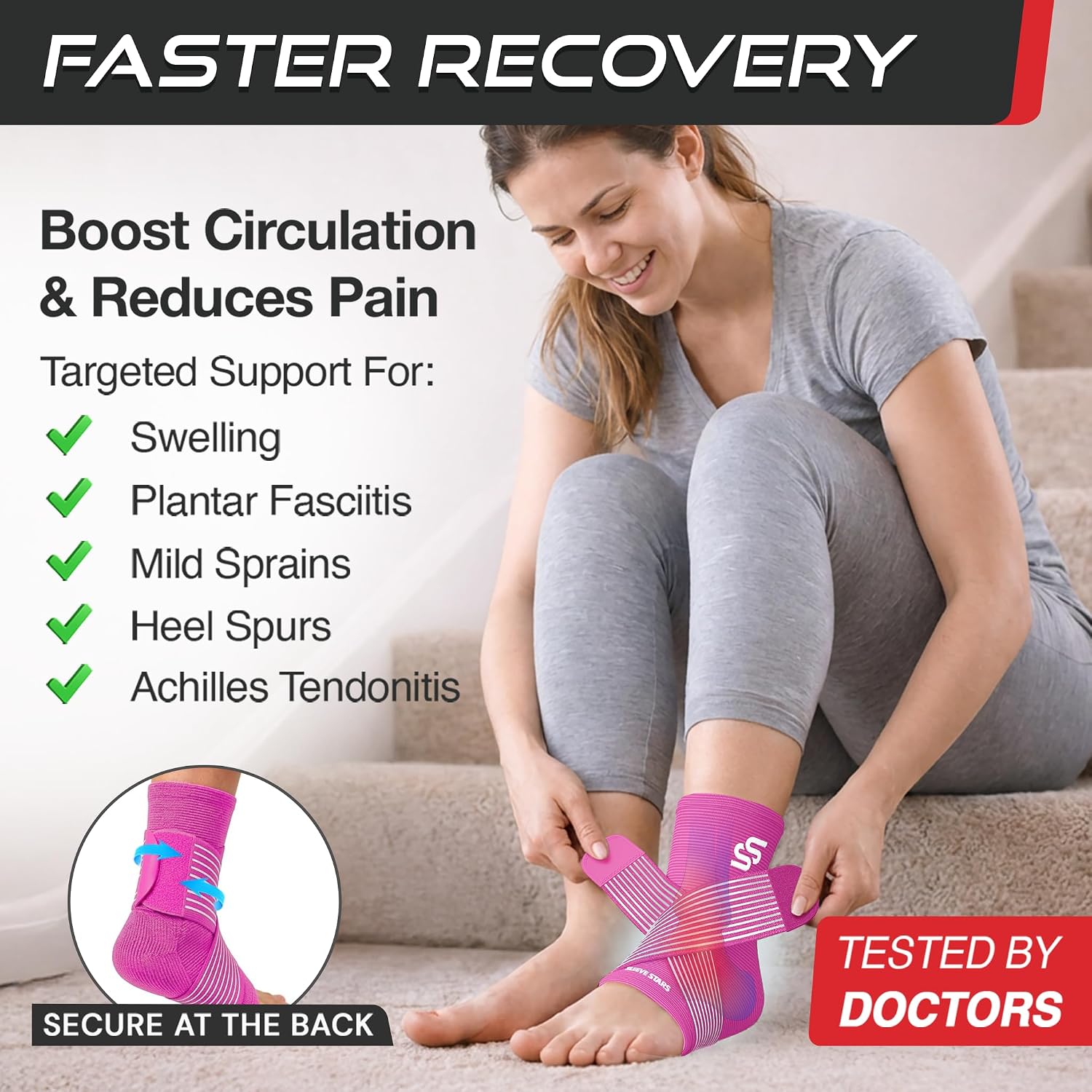Sleeve Stars Ankle Brace for Women & Men, Ankle Wrap for Sprain, Compression Sleeve for Plantar Fasciitis Relief, Easy Customizable Support: w/ Removable Strap (Single/M:10"-12"/Black)