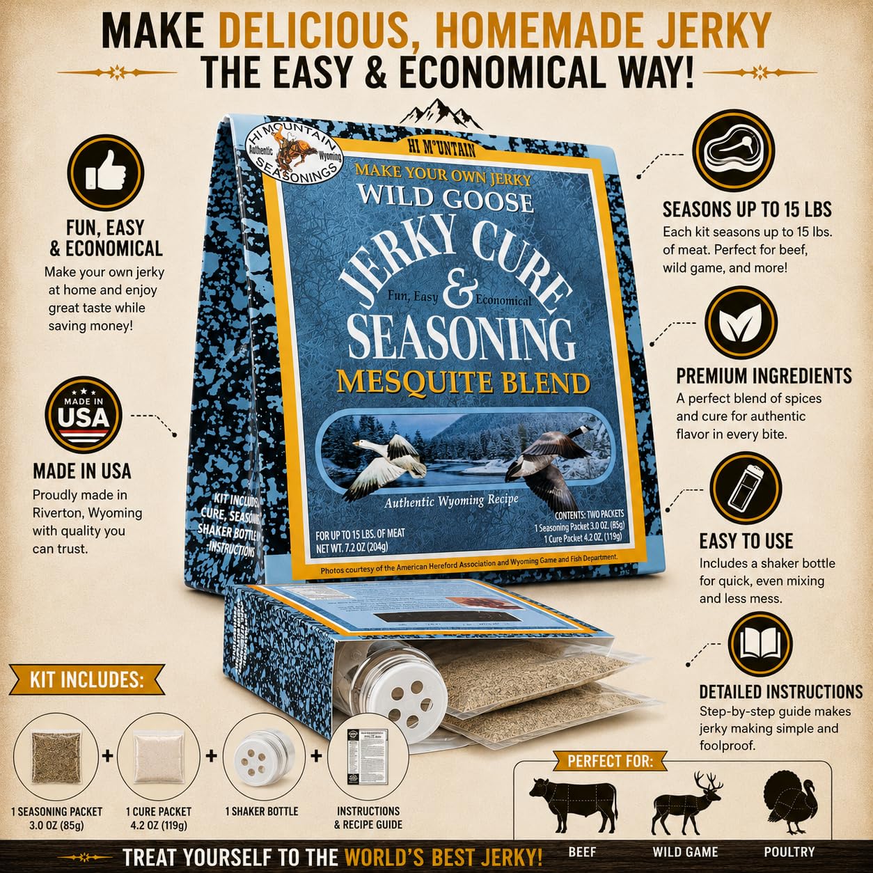 Hi Mountain Goose Jerky Seasoning & Cure Kit | MEQUITE | Makes 15 lbs | Make homemade goose, duck & waterfowl jerky with bold mesquite smoke flavor for smoker, dehydrator & oven