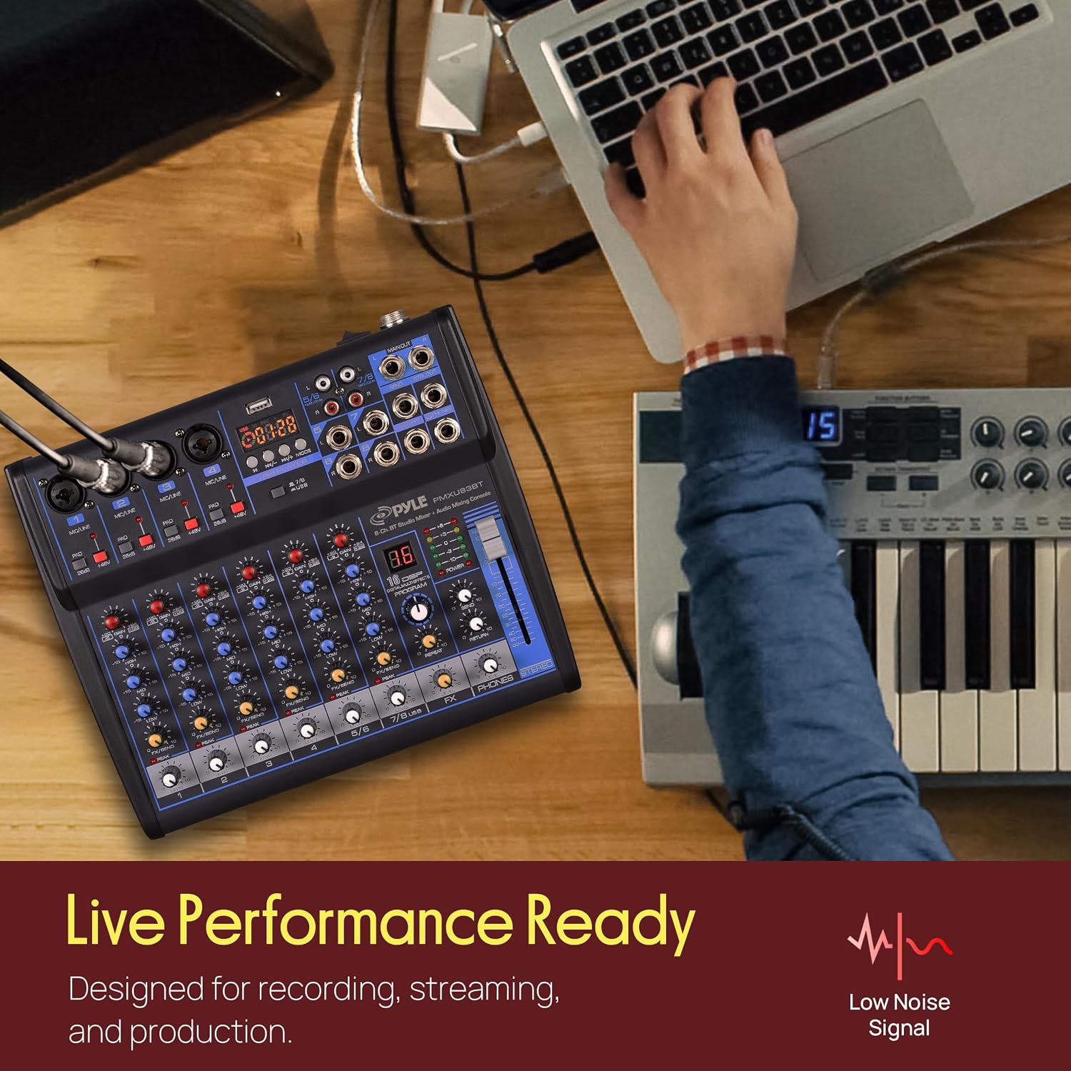 Pyle 8 Channel DJ Audio Mixer, Bluetooth, DSP FX, USB, Audio Interface | +48V Phantom Power, 16Bit DSP Processor, USB-A MP3 Player