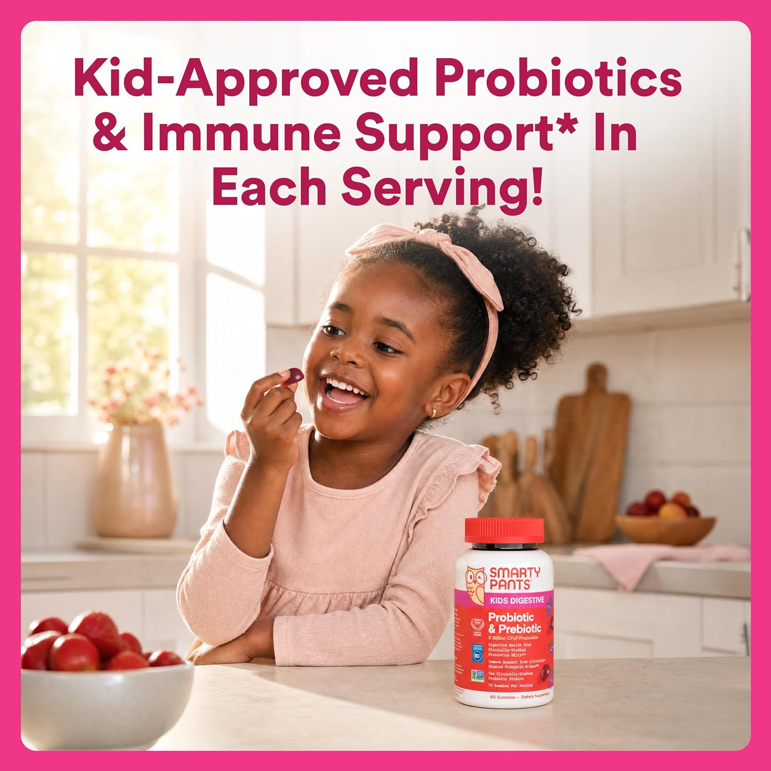 SmartyPants Kids Probiotic & Prebiotic Gummies for Digestive Health: Gut Health Supplement, Clinically Studied Prebiotic for Immune Support, Strawberry, 60 Count (30 Day Supply)