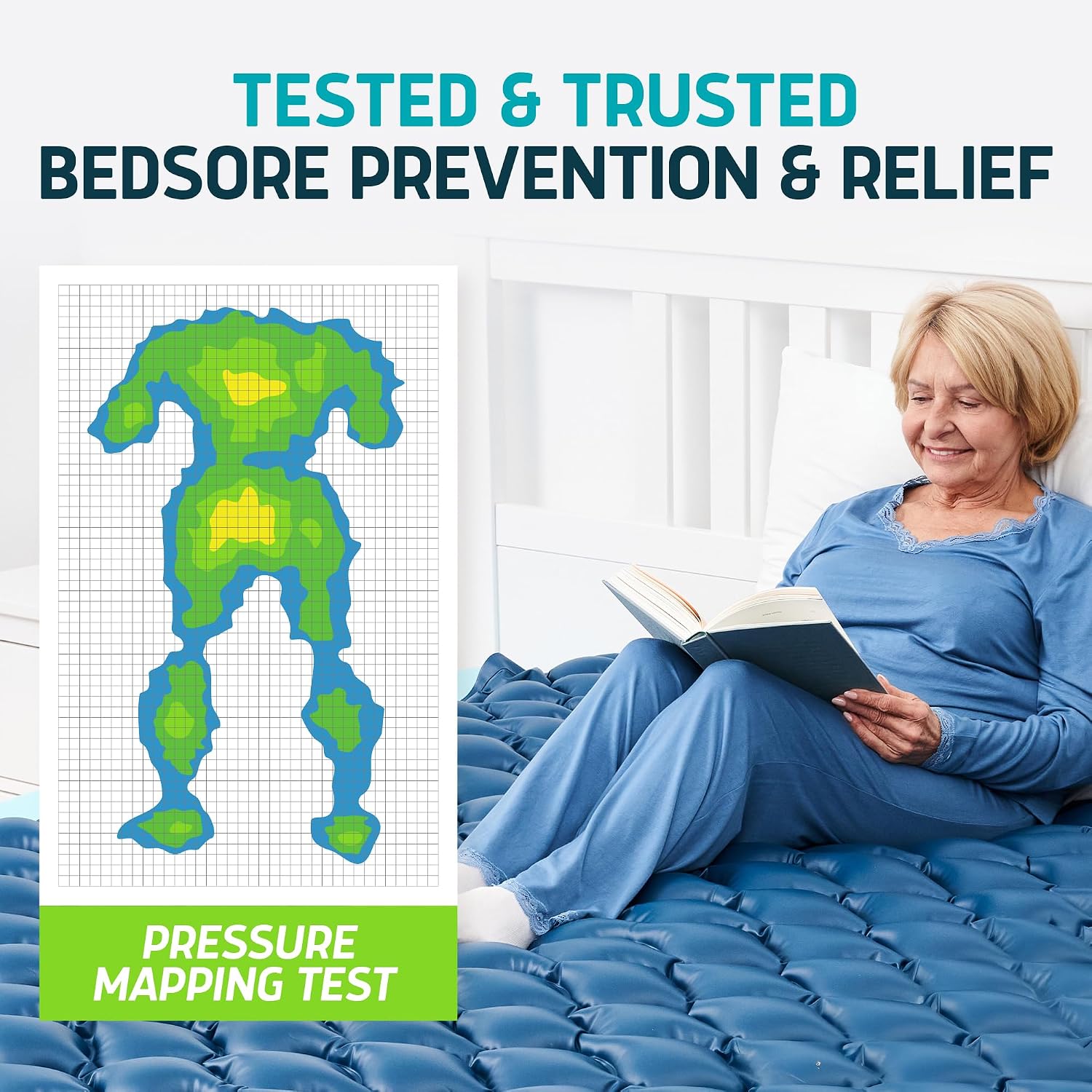 Lunderg PressuRelief Alternating Air Pressure Mattress Pad with Static Mode | With Snap-2-Pad Comfort Layer - Quiet Pump, Comfortable Bed Sore Prevention Mattress Topper for Hospital Bed or Home