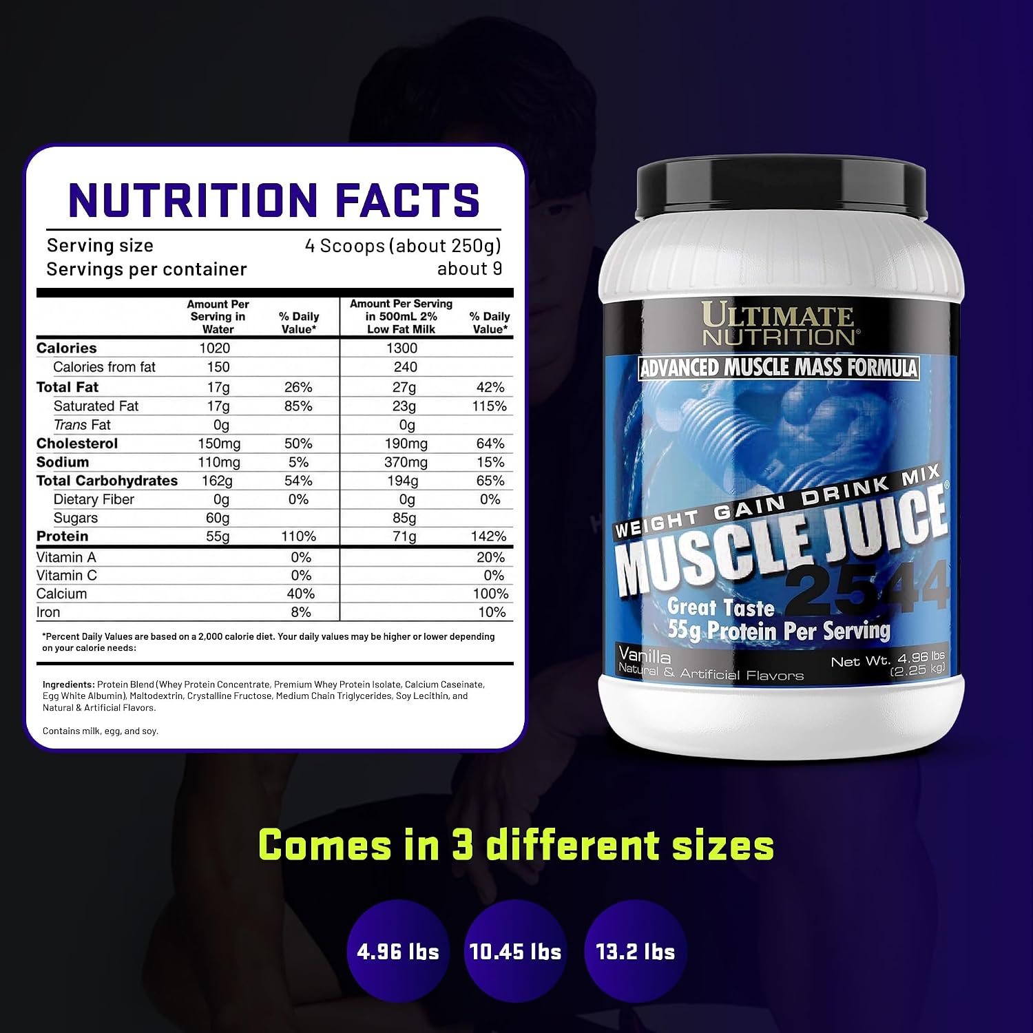 Ultimate Nutrition Muscle Juice 2544 Mass Gainer, Vanilla, 4.96 lb | 55g Protein Blend, 162g Carbs, 17g Fat, 1020 Calories, High Calorie Weight Gainer For Muscle Growth And Recovery