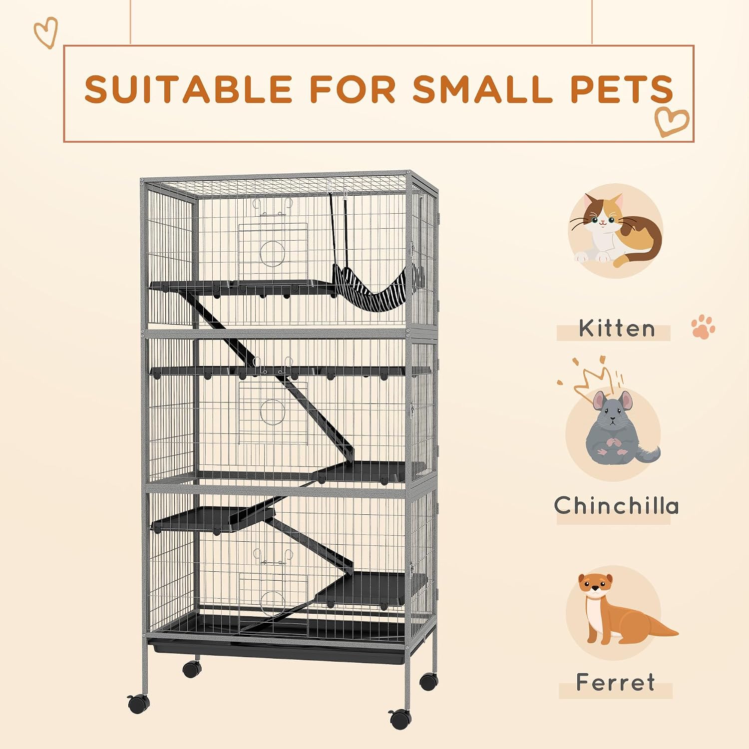 PawHut Metal Small Animal Cage, 4-Tiers Rolling Big Ferret Cage, Gray