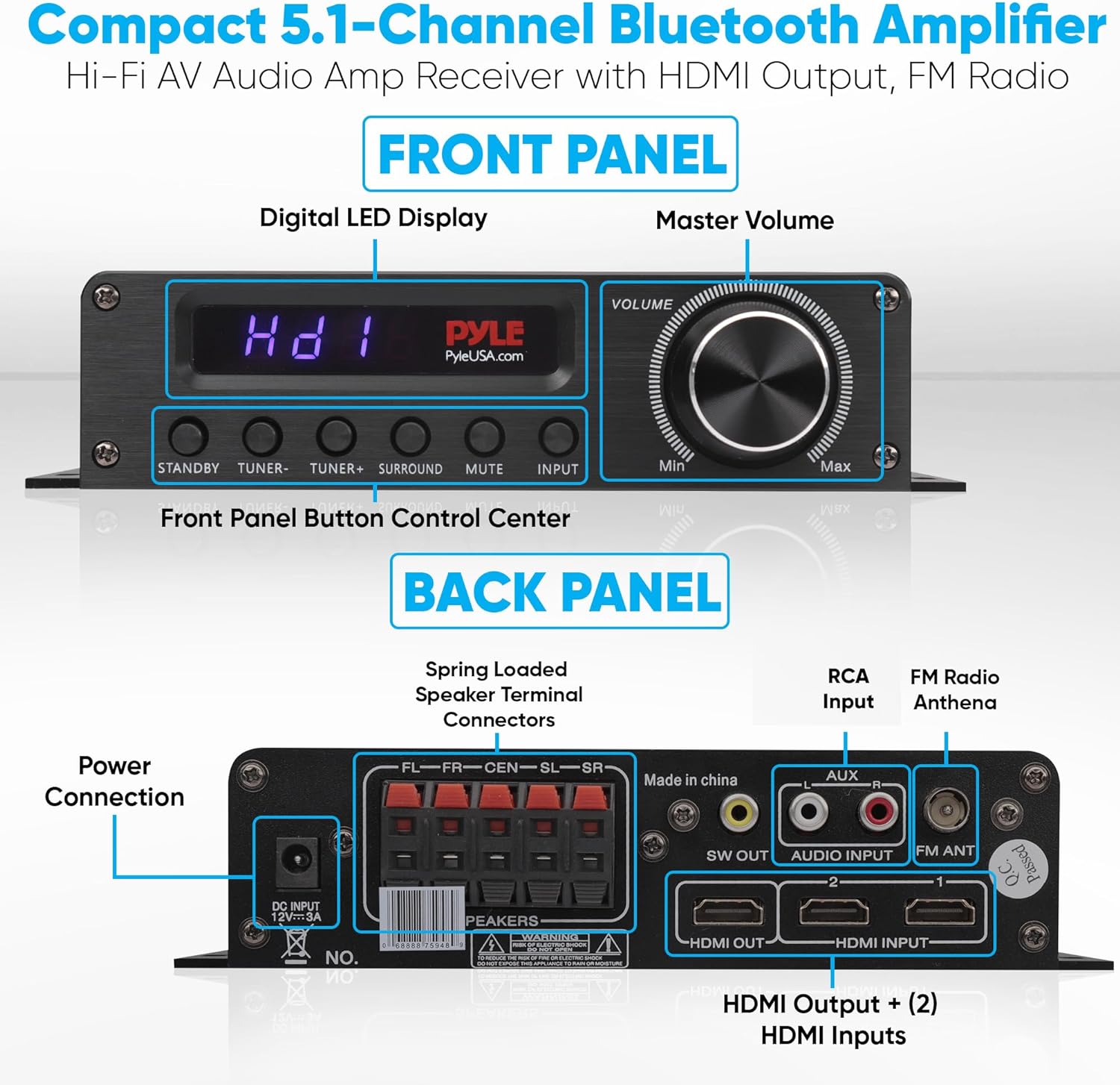 Pyle Wireless Bluetooth Home Audio Amplifier - 100W 5.1 Channel Home Theater Receiver, Surround Sound w/ HI Def In and Out, RCA In, Subwoofer Out