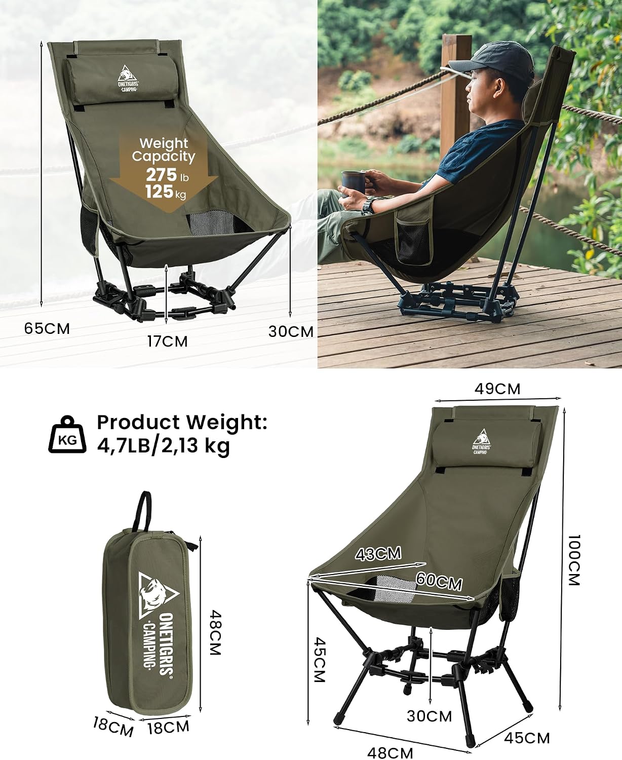 ONETIGRIS Dragonhide Oversized Camping Chair with Pillow Design, Comfortable Widened Seat Folding, 275 lbs Capacity