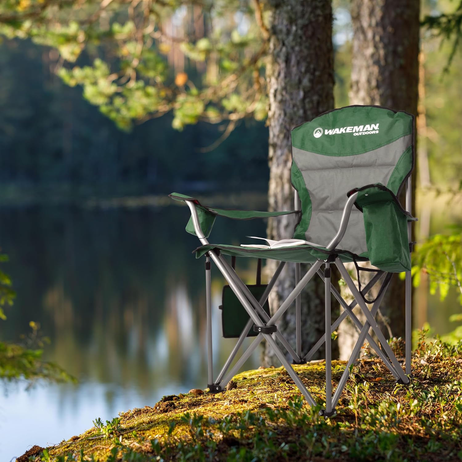 Oversized Camping Chair 300lbs - Heavy Duty Folding Chair with Cooler Pouch and Carry Bag for Camp Sites, Tailgates, or Beach by Wakeman (Blue)