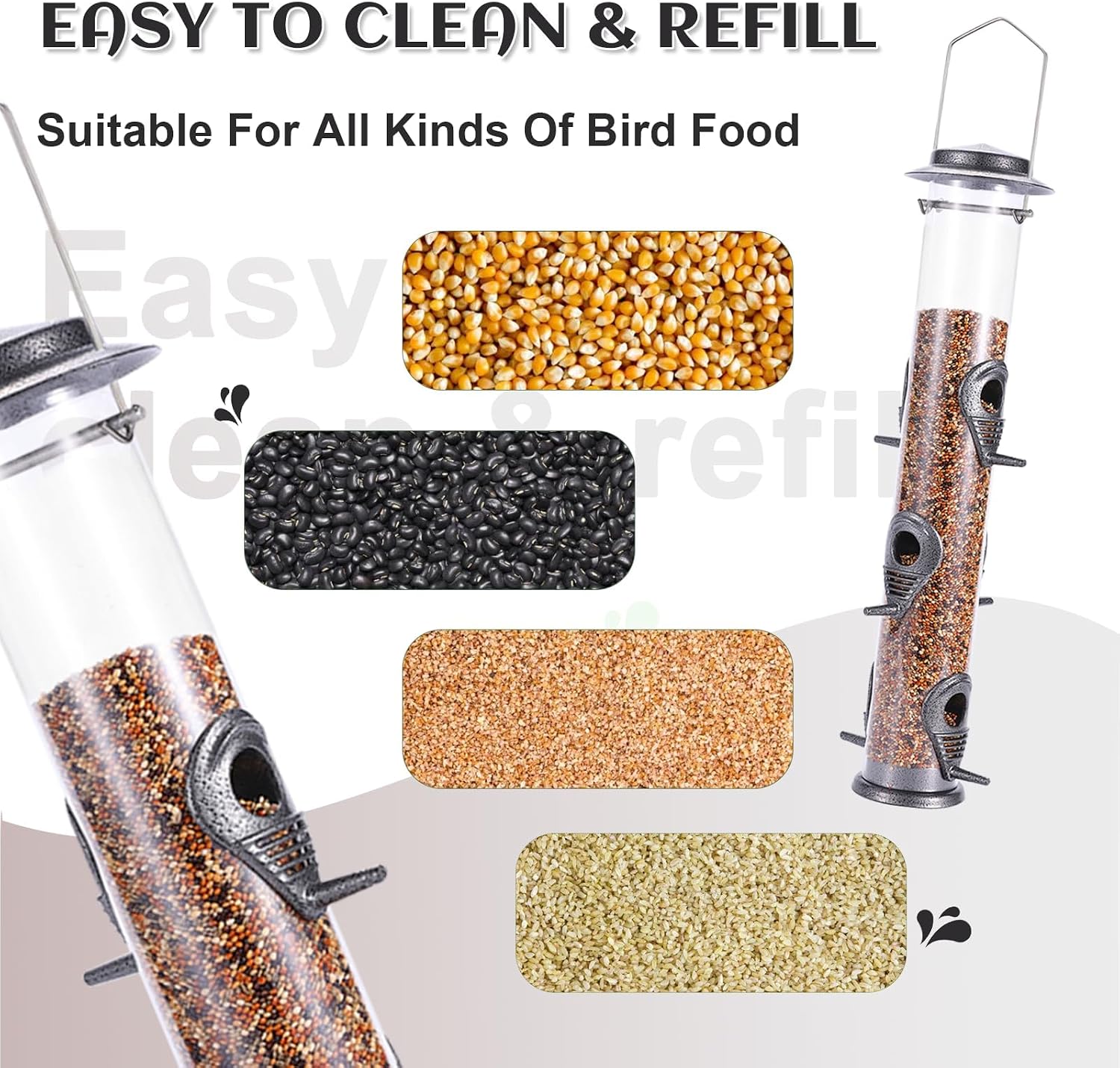 MIXXIDEA 1PK Metal Bird Feeders with 6 Feeding Ports, Tube Bird Feeder with Steel Hanger, Hard Plastic Wild Bird Feeder for Outdoors Hanging
