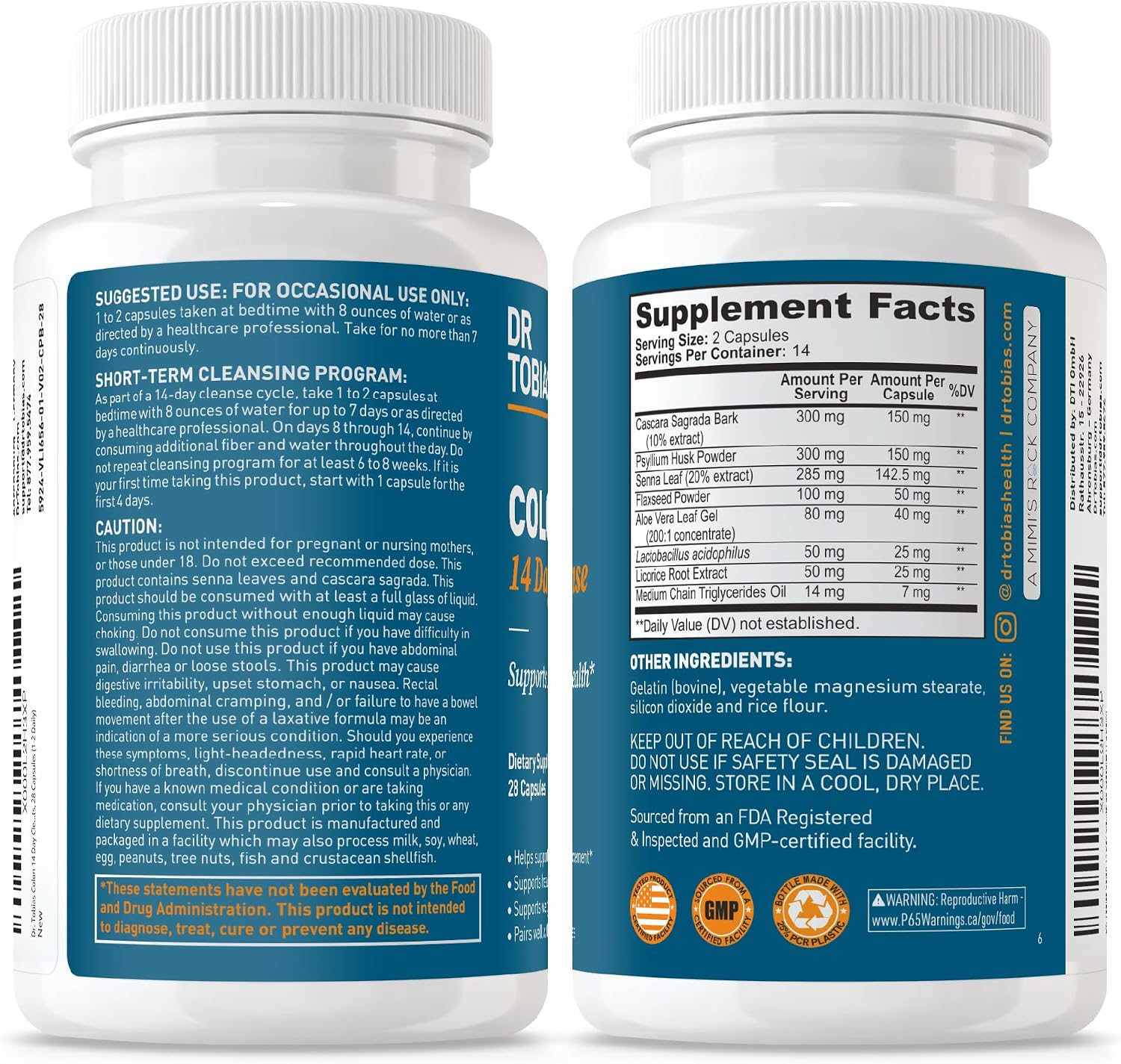 Dr. Tobias Colon 14 Day Cleanse | Supports Digestion & Gut Health | Colon Cleanse Detox | Constipation Relief & Gut Health Support for Women & Men | Psyllium + Senna + Probiotics | 28 Capsules