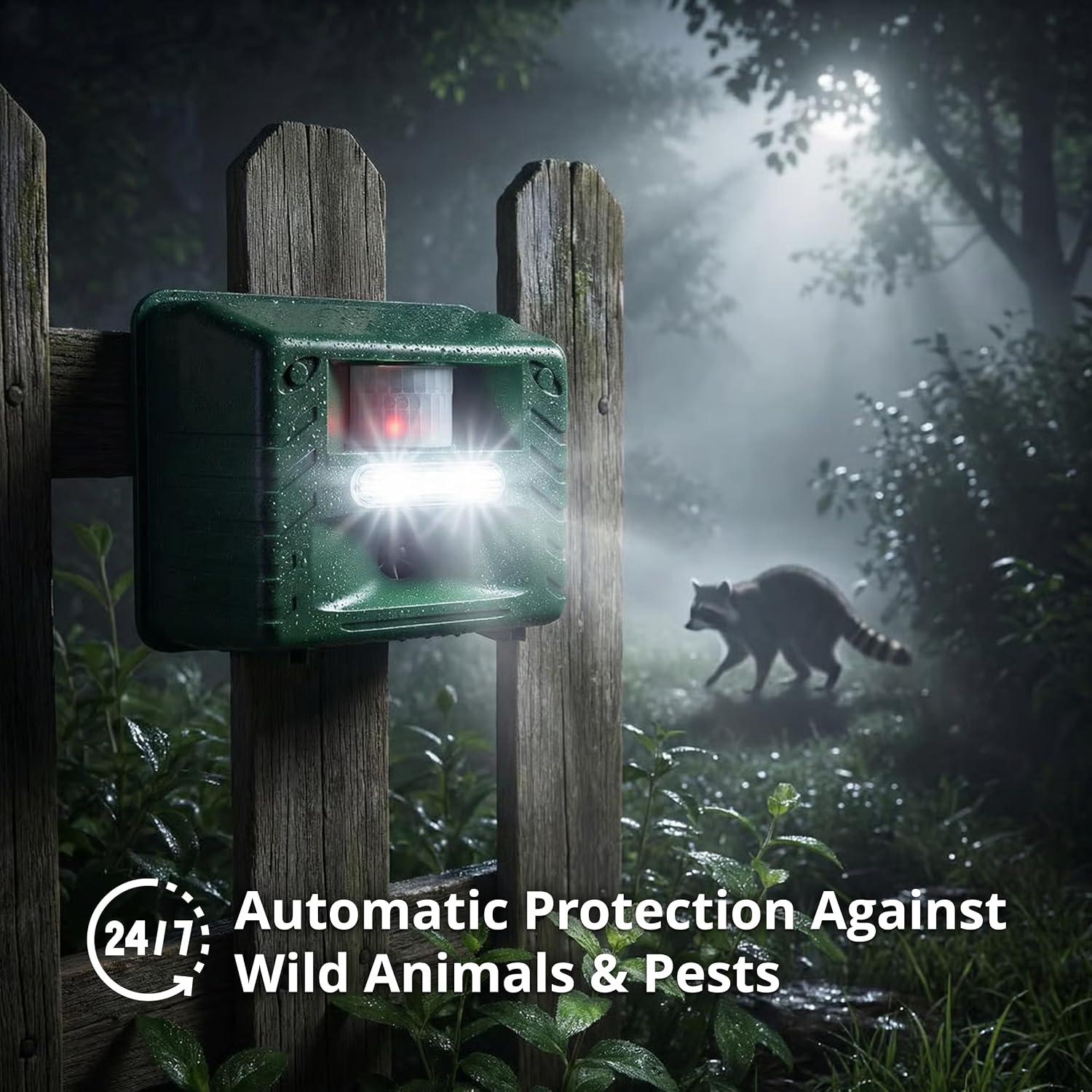 ASPECTEK Yard Sentinel Ultrasonic Animal Repeller with Strobe Light, 3 Mode Protection, Motion Sensor, Deterrent for Deer, Raccoons, Squirrels and Opossums AC and Battery Powered - 1 Pack