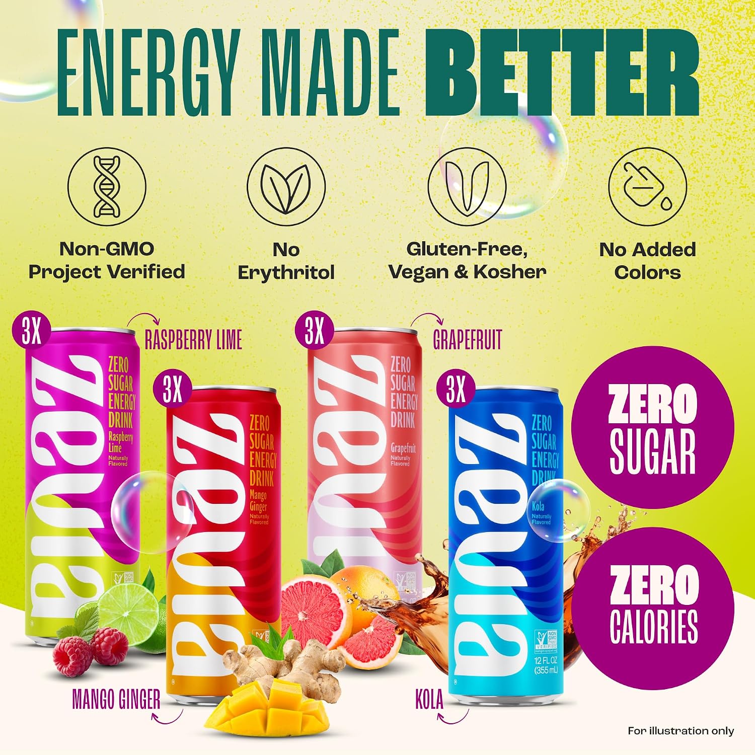 Zevia Zero Sugar Energy Drink, Raspberry Lime, 12 oz Cans (12-Pack) – Naturally Sweetened, Zero Calorie Sugar Free Energy - Non-GMO Project Verified, Gluten-Free, Vegan
