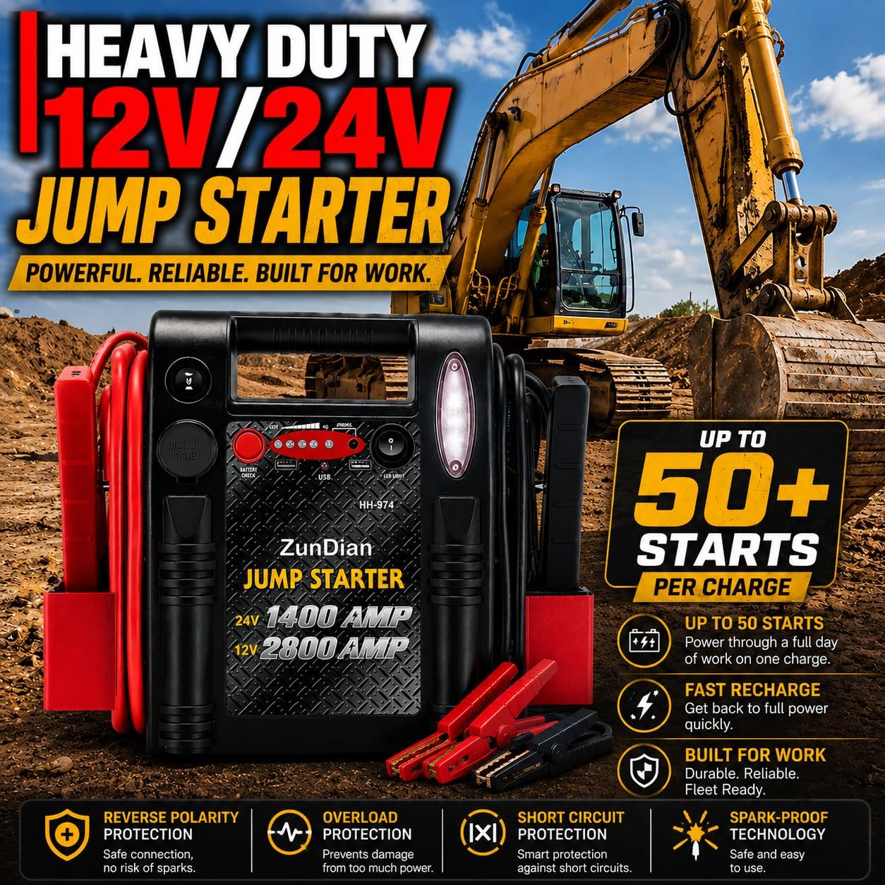 12V/24V Jump Starter - ZunDian 2800/1400 Amp Heavy Duty Battery Booster Pack, Portable Emergency Power for Cars, Trucks, SUVs, Tractors