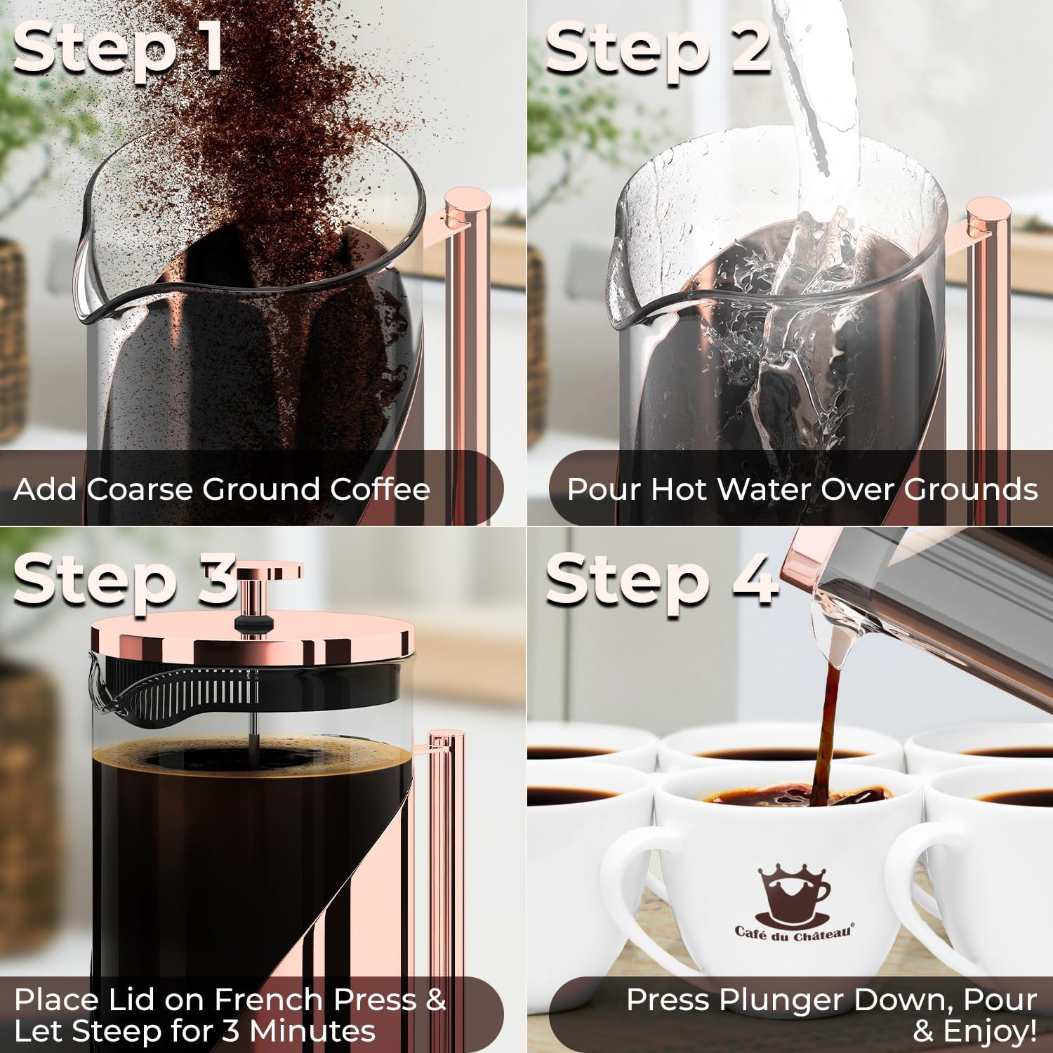 Cafe Du Chateau French Press Coffee Maker, 34 oz Glass, Stainless Steel | Easy Brew, Durable Clear Glass, 4-level Filtration, 34 oz Capacity, Coffee Press for Camping, Tea Brewer, BPA-Free Materials