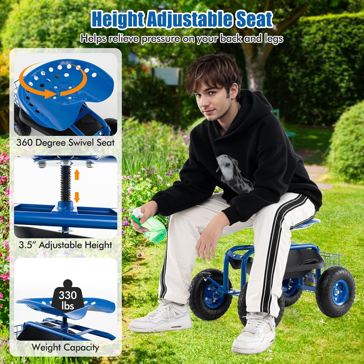 Goplus Rolling Garden Cart with Seat, Outdoor Garden Stool with Wheels, Tool Tray & Basket, Adjustable Steering Handle