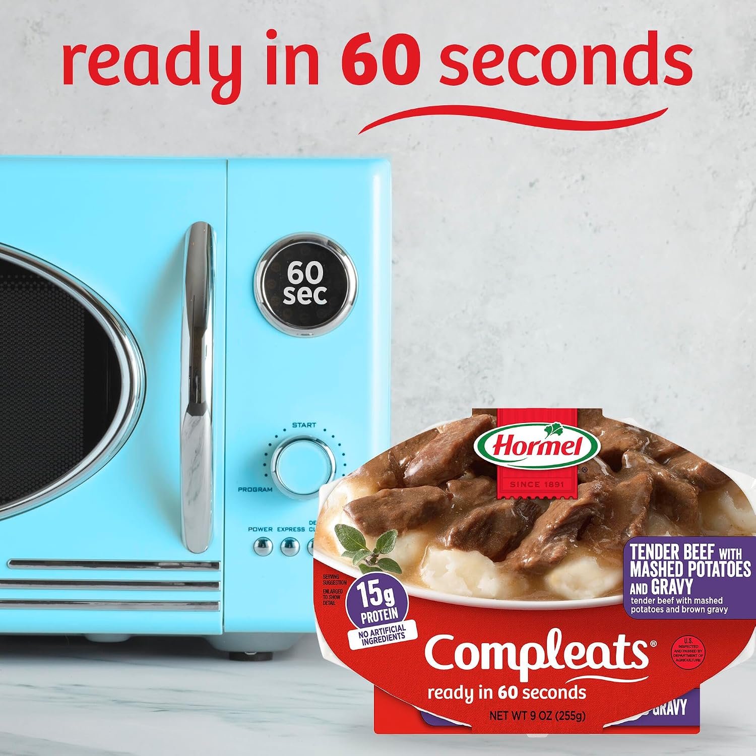 HORMEL COMPLEATS Tender Beef With Mashed Potatoes & Gravy Microwave Tray, 9 oz. (6 Pack) | Heat and Eat, Microwave Meals, Prepared Foods