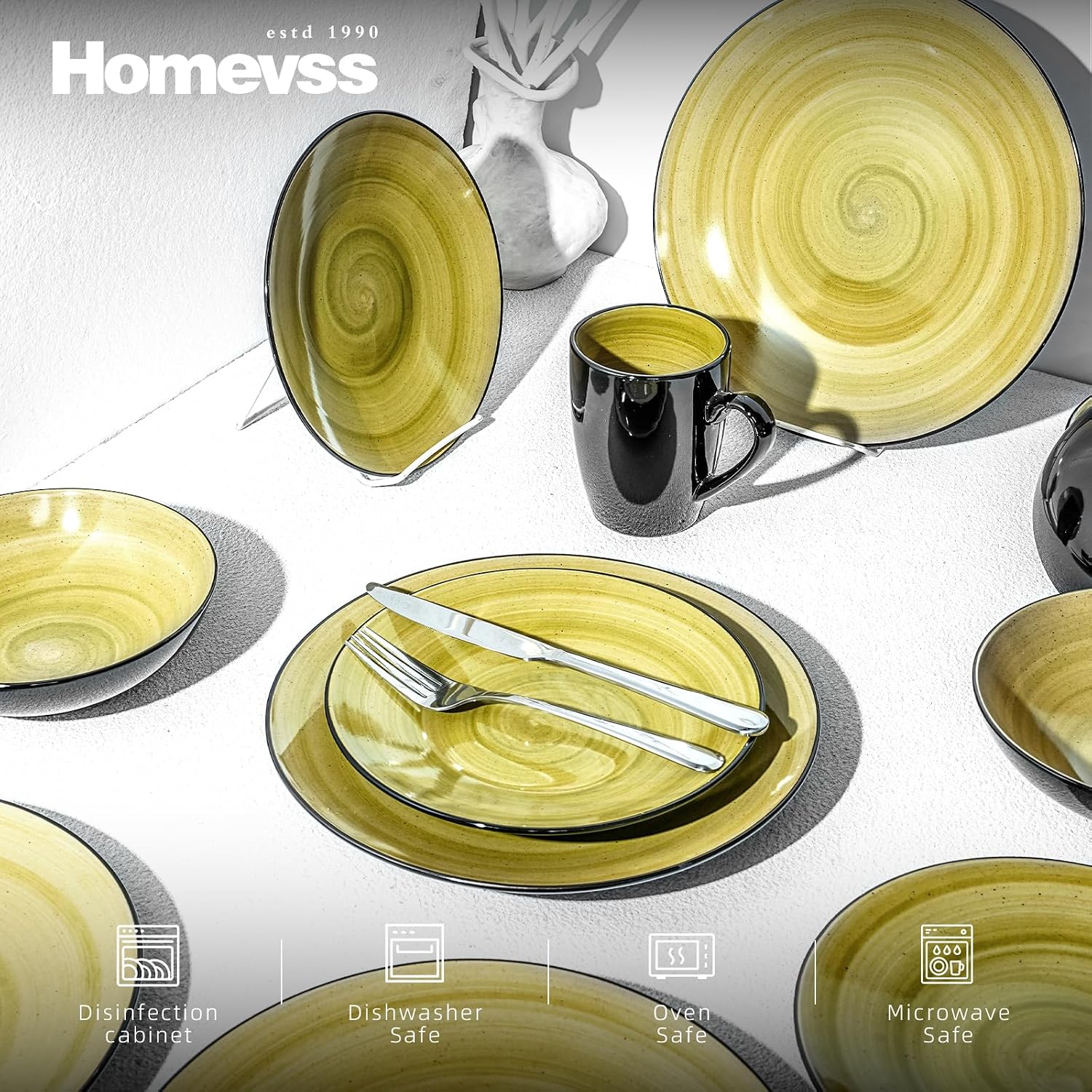 HomeVss, Sonoma Stoneware Dinnerware Set, Outside Black + Inside Hand Painting Color (16pc Set, Grey)